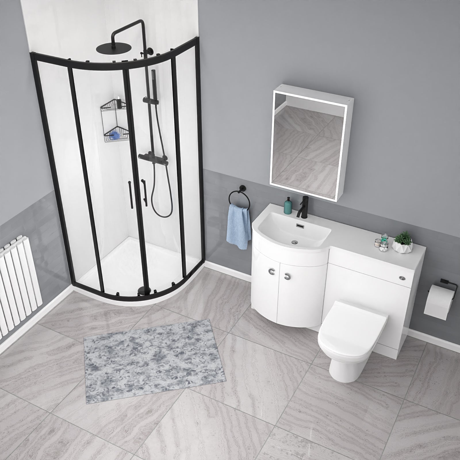 Dene Black Quadrant 800mm Shower Enclosure + LH Vanity Unit & BTW Toilet