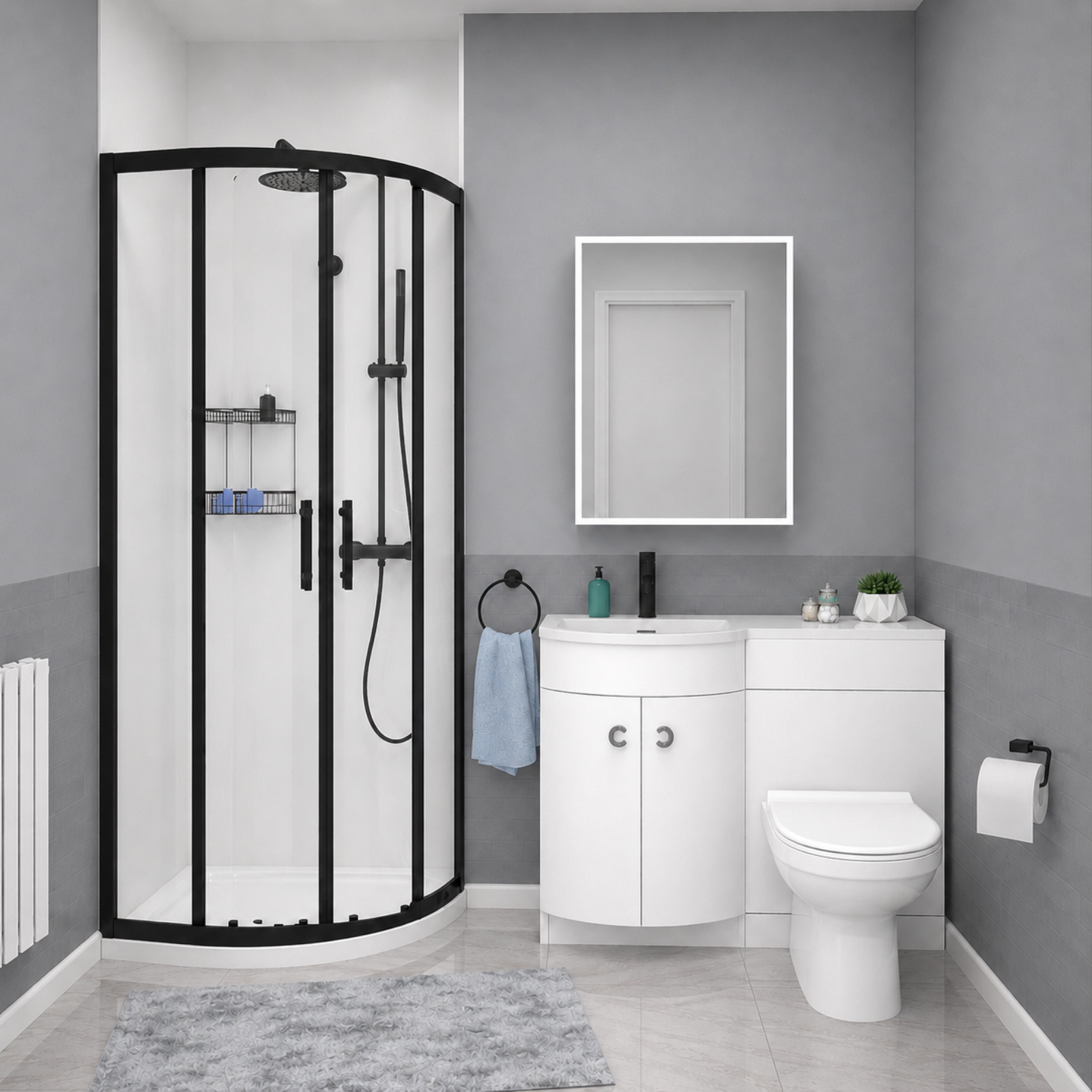 Dene Black Quadrant 800mm Shower Enclosure + LH Vanity Unit & BTW Toilet