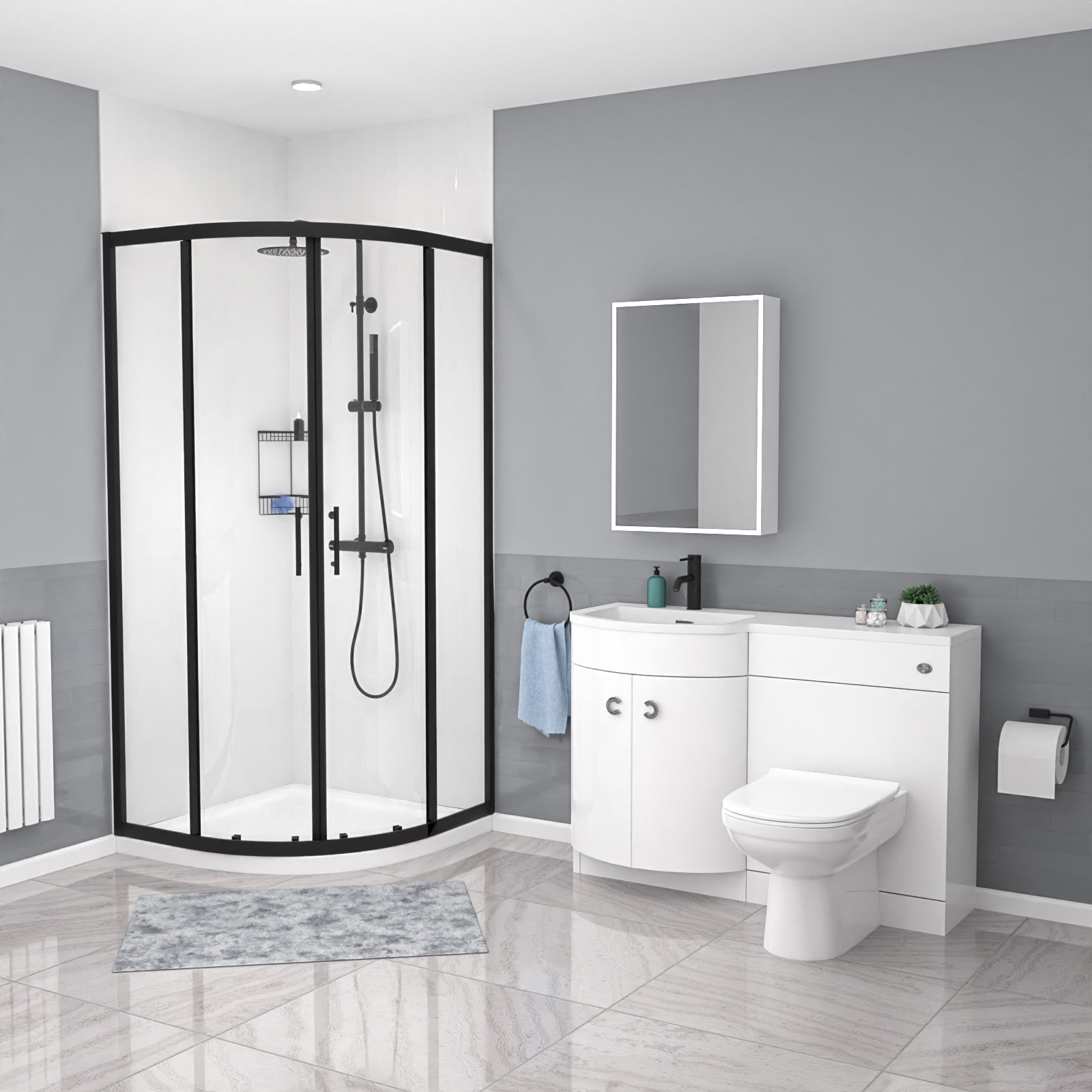 Dene Black Quadrant 900mm Shower Enclosure + LH Vanity Unit & BTW Toilet