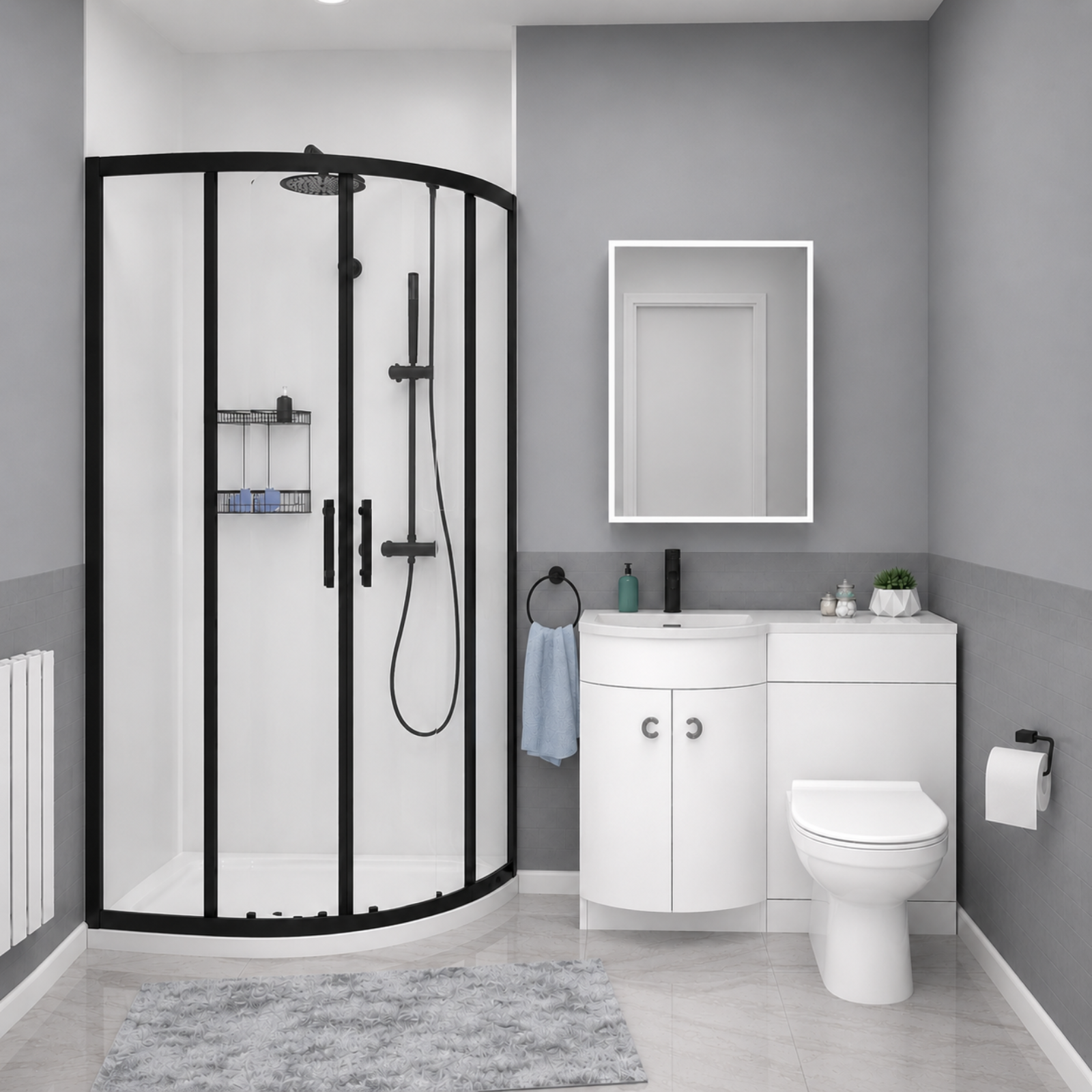 Dene Black Quadrant 900mm Shower Enclosure + LH Vanity Unit & BTW Toilet