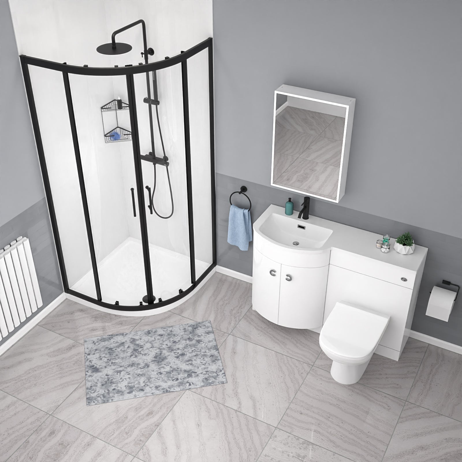 Dene Black Quadrant 900mm Shower Enclosure + LH Vanity Unit & BTW Toilet
