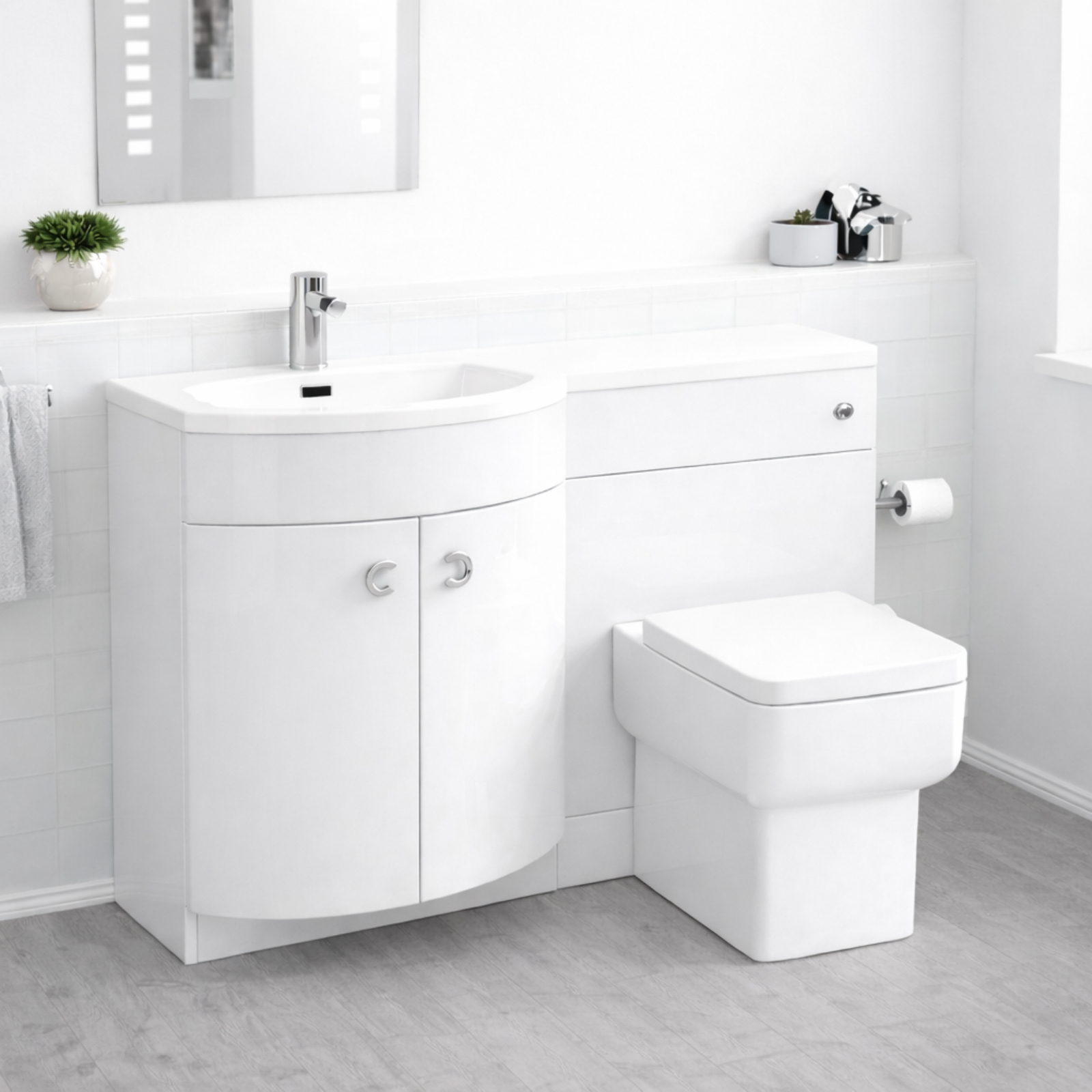 Dene 1100mm P Shaped LH White Vanity Basin Cabinet and Wc BTW Toilet Unit