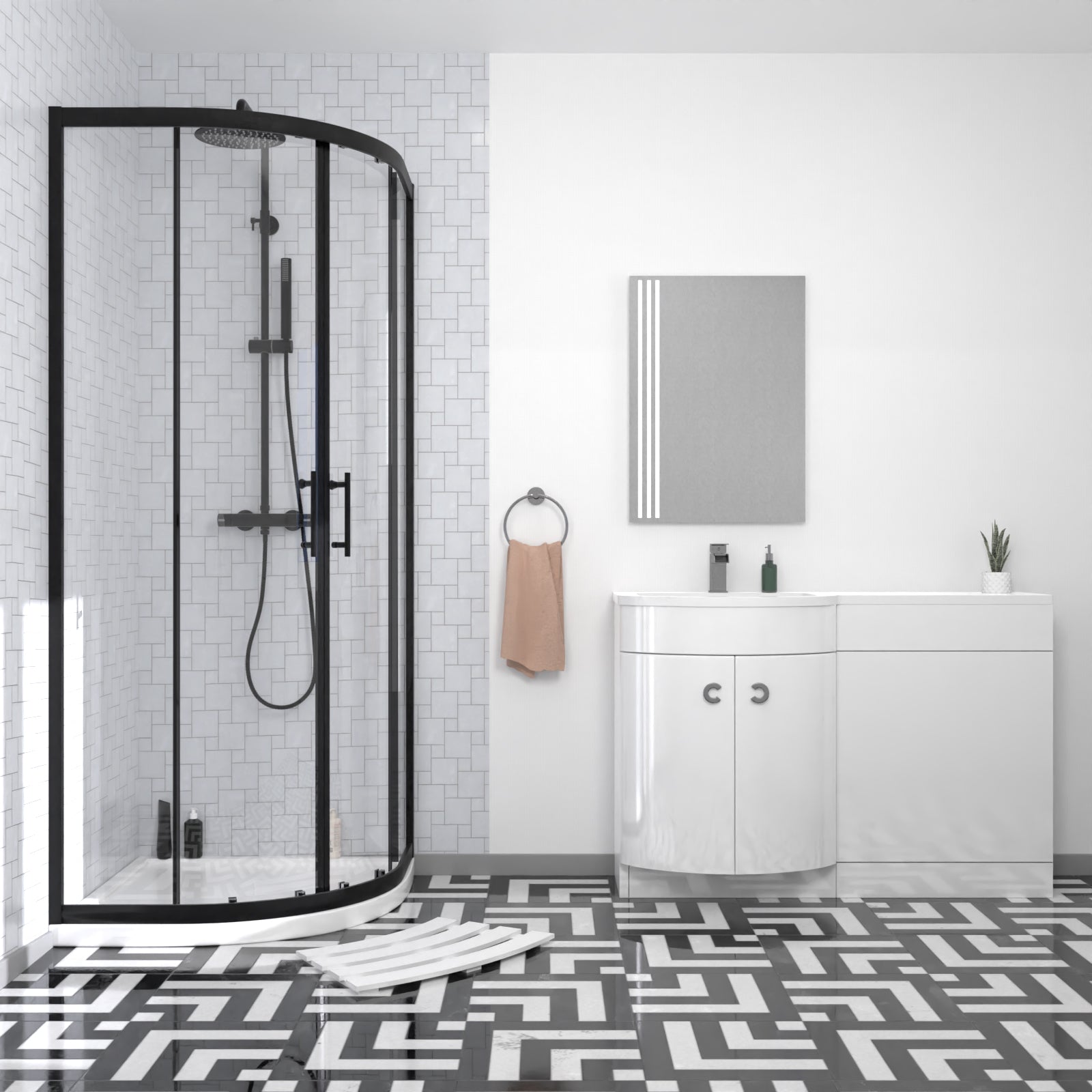 Dene Matte Black Quadrant 800mm Shower Enclosure + Left Hand Vanity Combination Unit