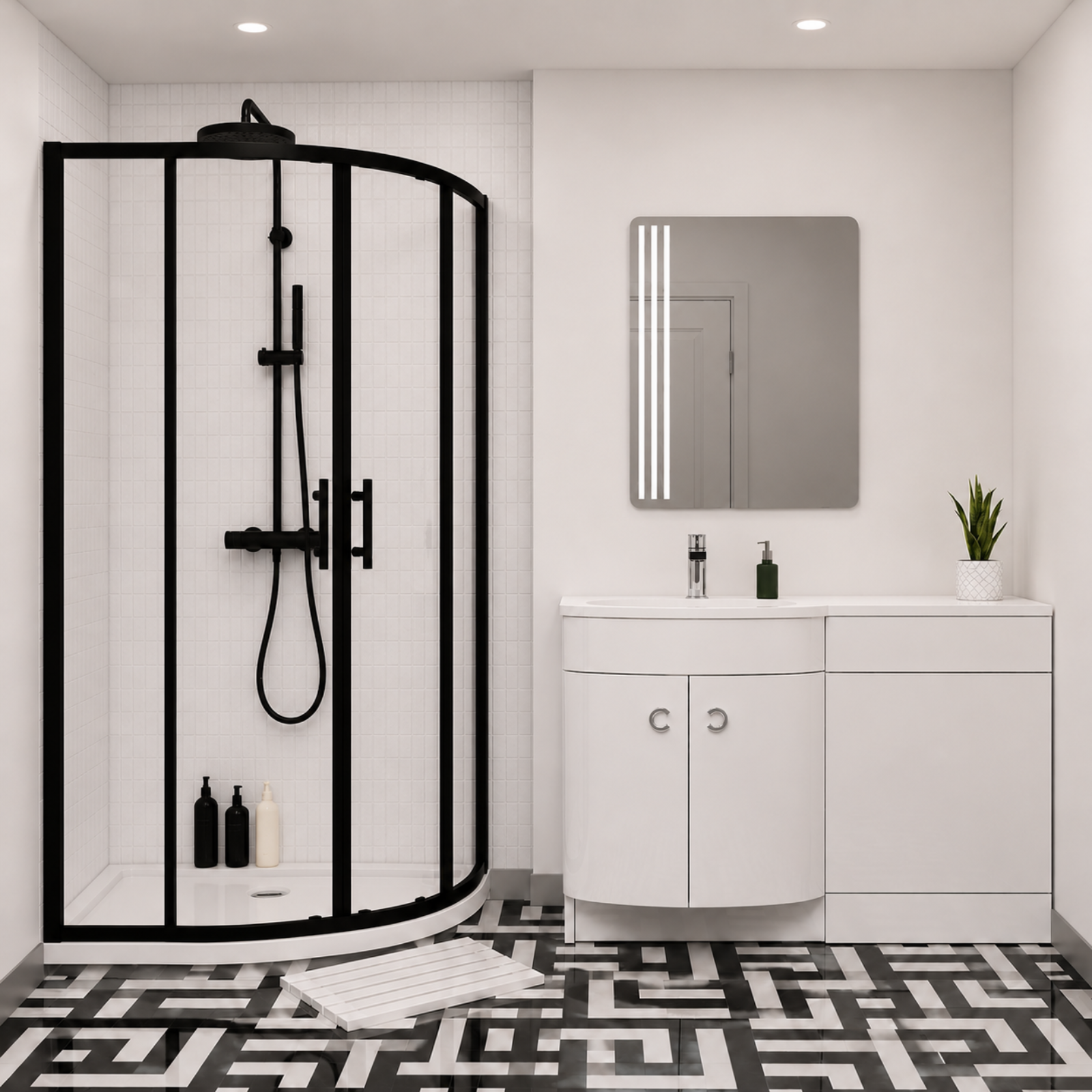 Dene Matte Black Quadrant 900mm Shower Enclosure + Left Hand Vanity Combination Unit