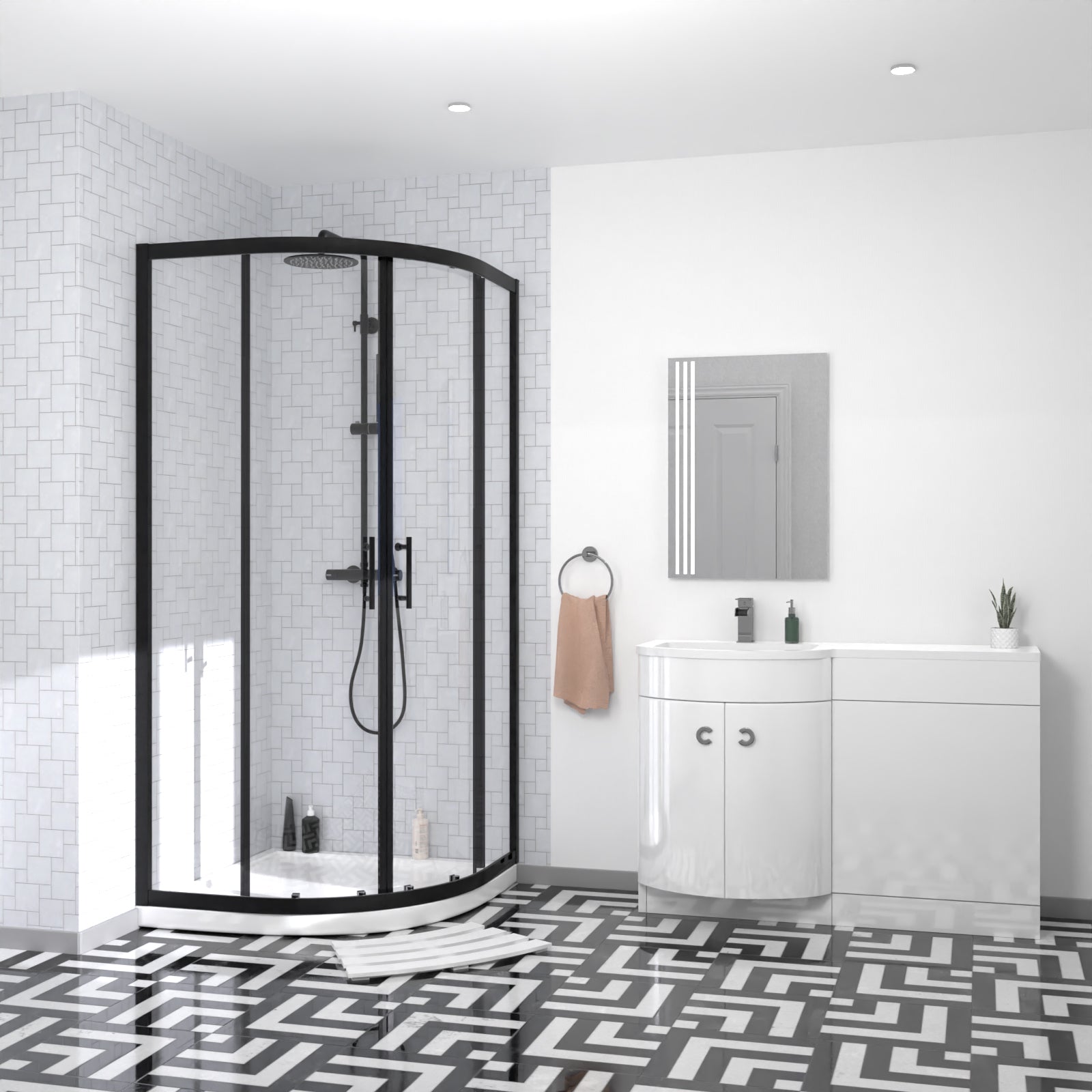 Dene Matte Black Quadrant 900mm Shower Enclosure & Left Hand Vanity Combination Unit