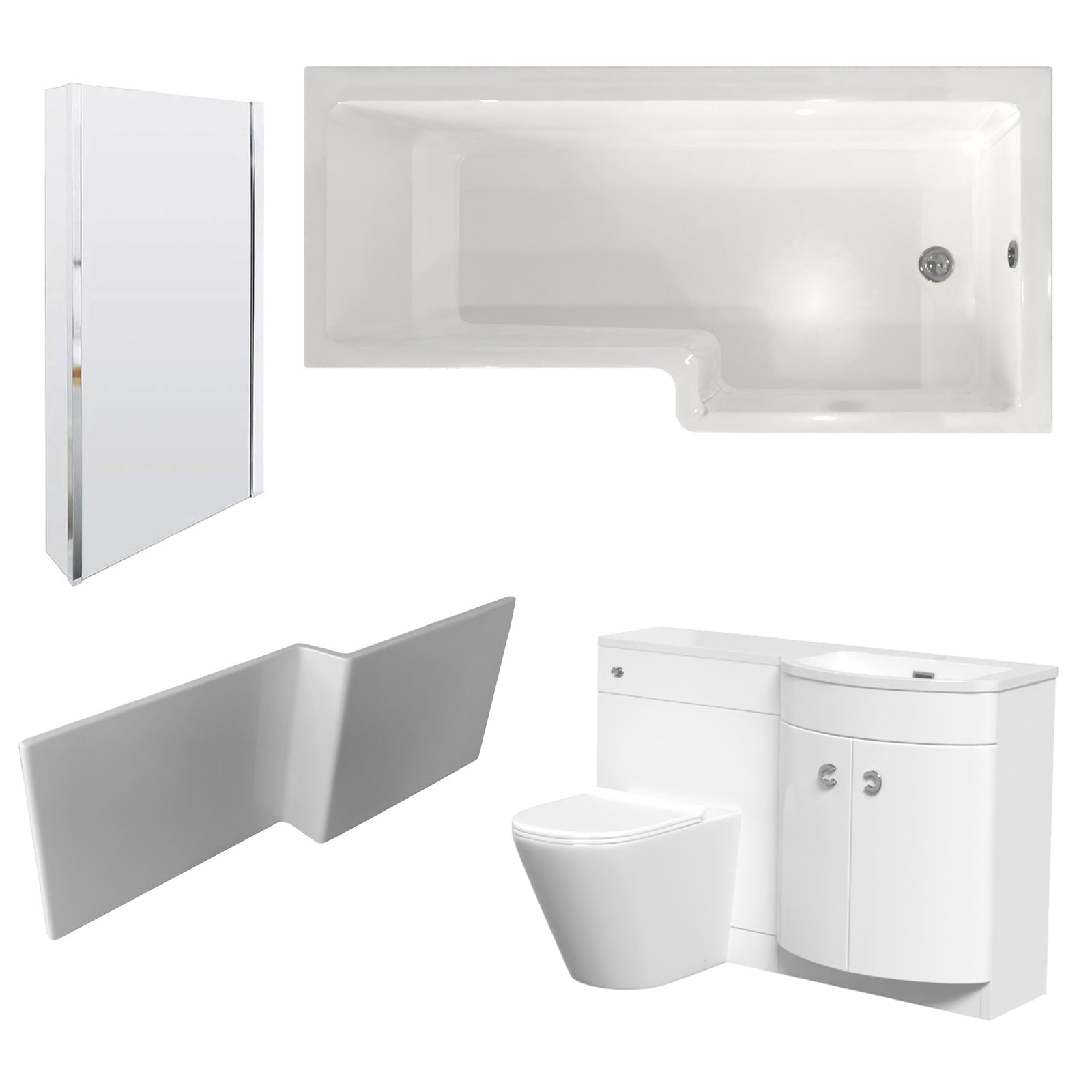 Dene L-Shaped RH Shower Bath White Basin Vanity Unit & Rimless BTW Toilet