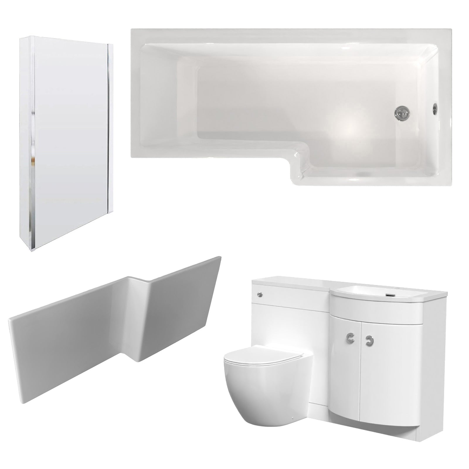 Dene L-Shaped RH Shower Bath White Basin Vanity Unit & BTW Rimless Toilet