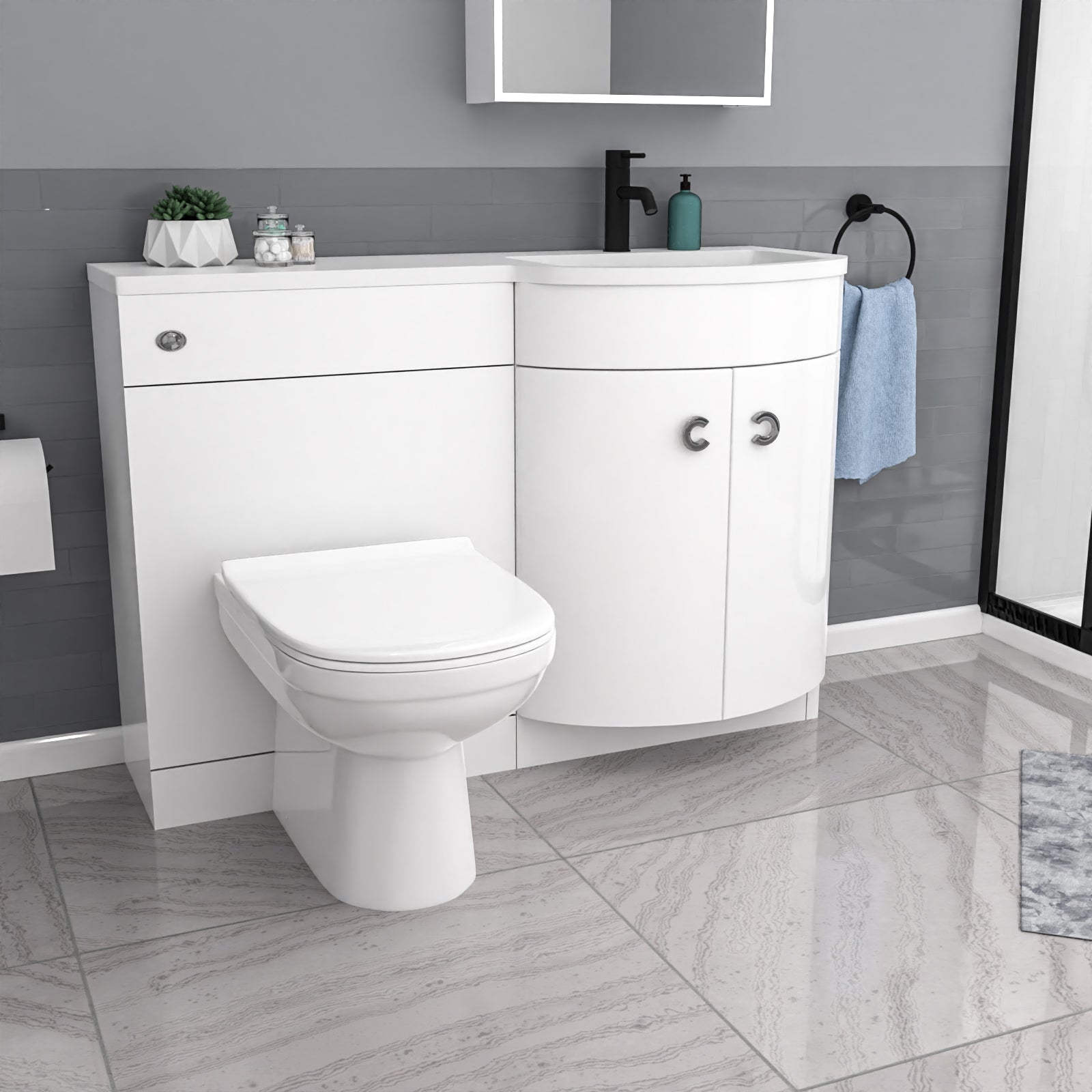 Dene Black Quadrant 800mm Shower Enclosure RH Vanity Unit & BTW Toilet