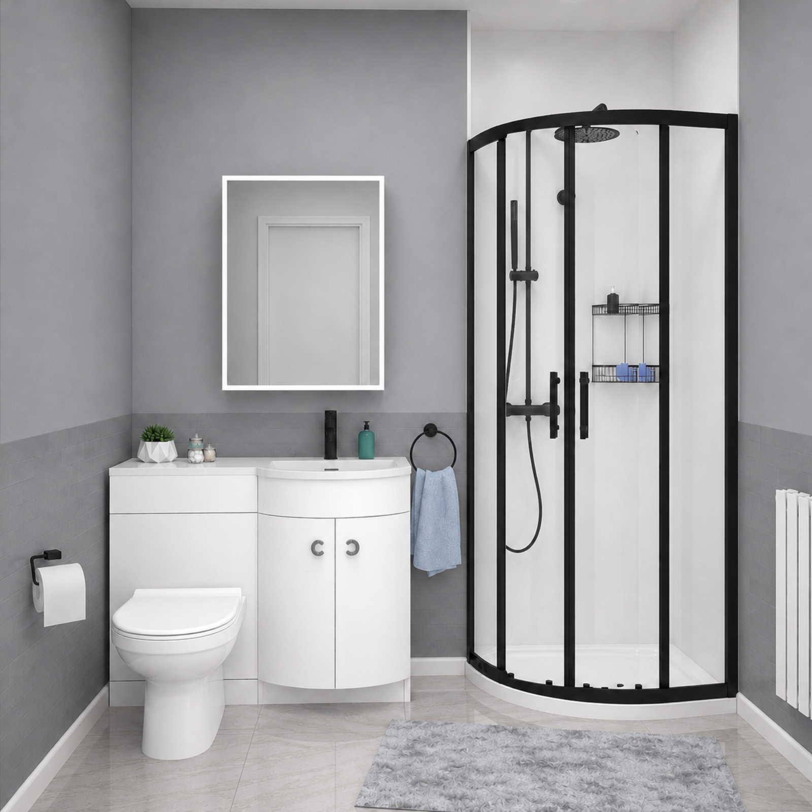 Dene Black Quadrant 800mm Shower Enclosure + RH Vanity Unit & BTW Toilet