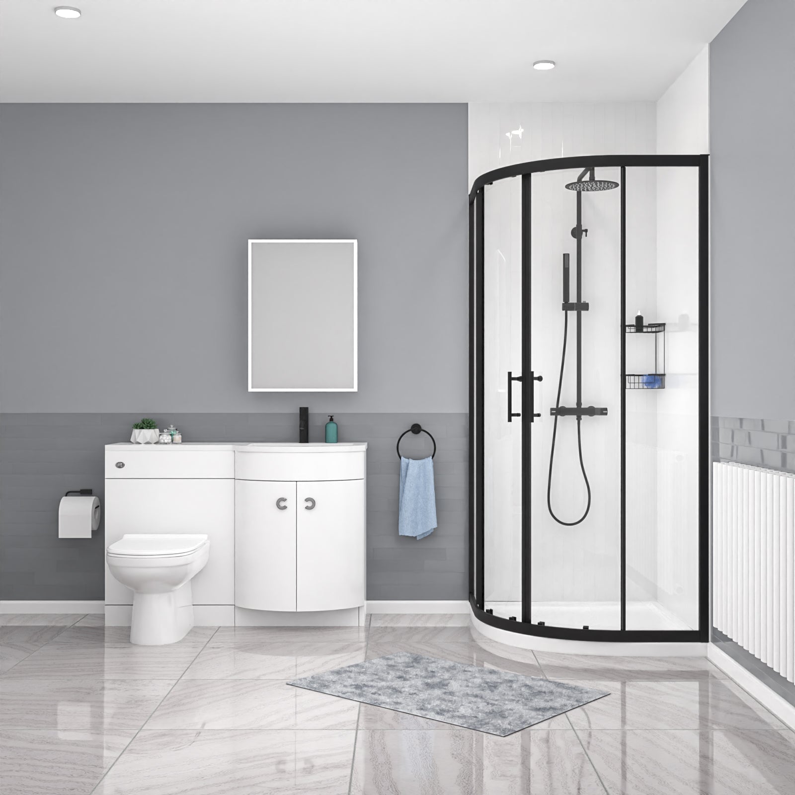 Dene Black Quadrant 900mm Shower Enclosure + RH Vanity Unit & BTW Toilet
