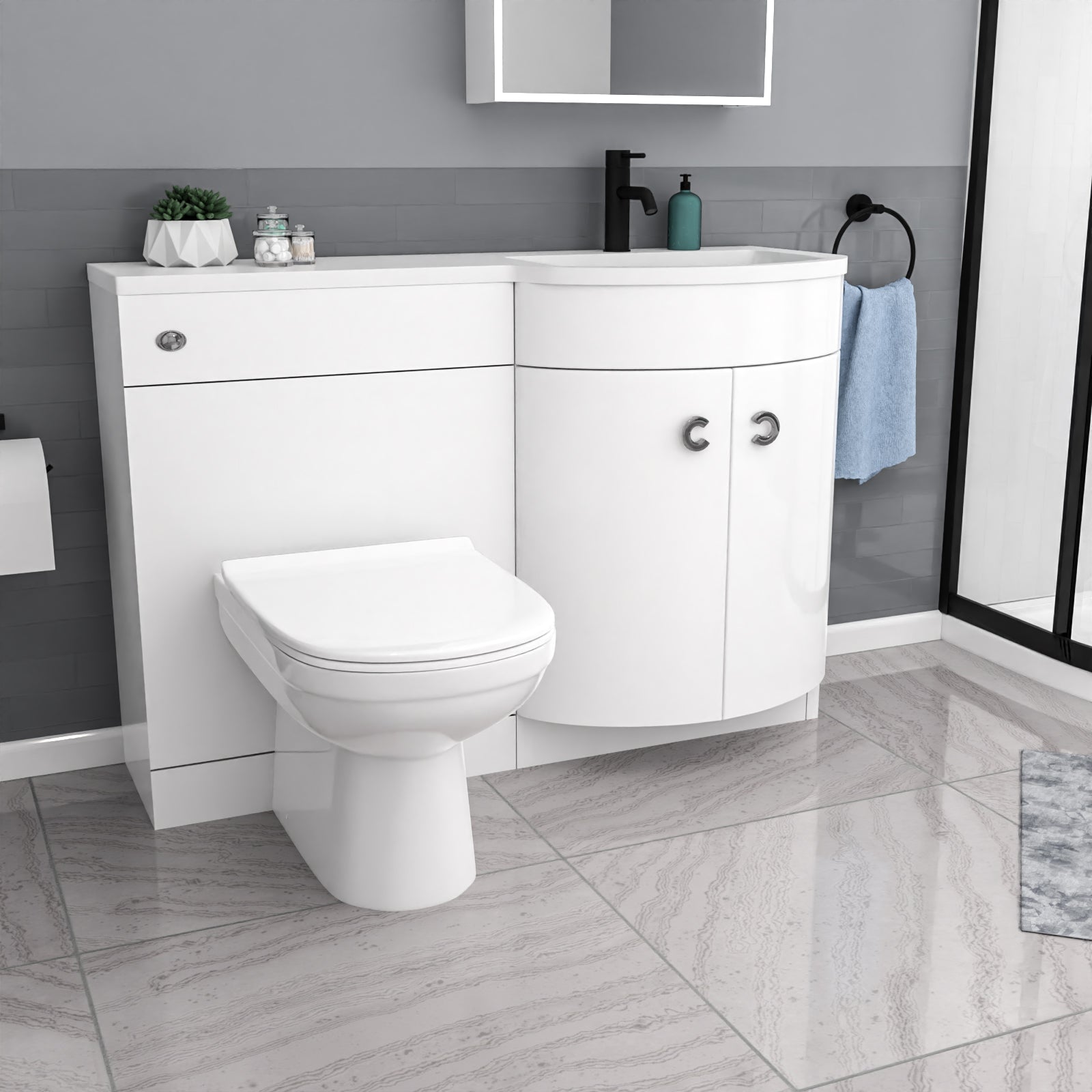 Dene Black Quadrant 900mm Shower Enclosure + RH Vanity Unit & BTW Toilet