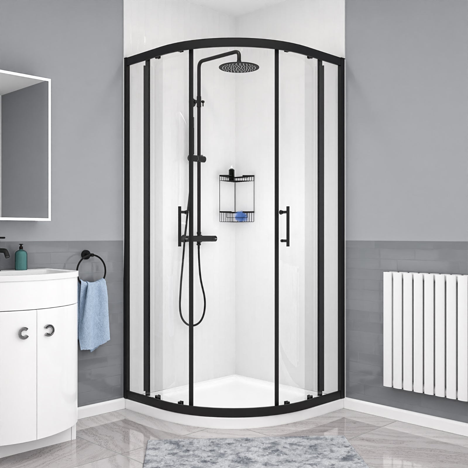 Dene Black Quadrant 900mm Shower Enclosure + RH Vanity Unit & BTW Toilet