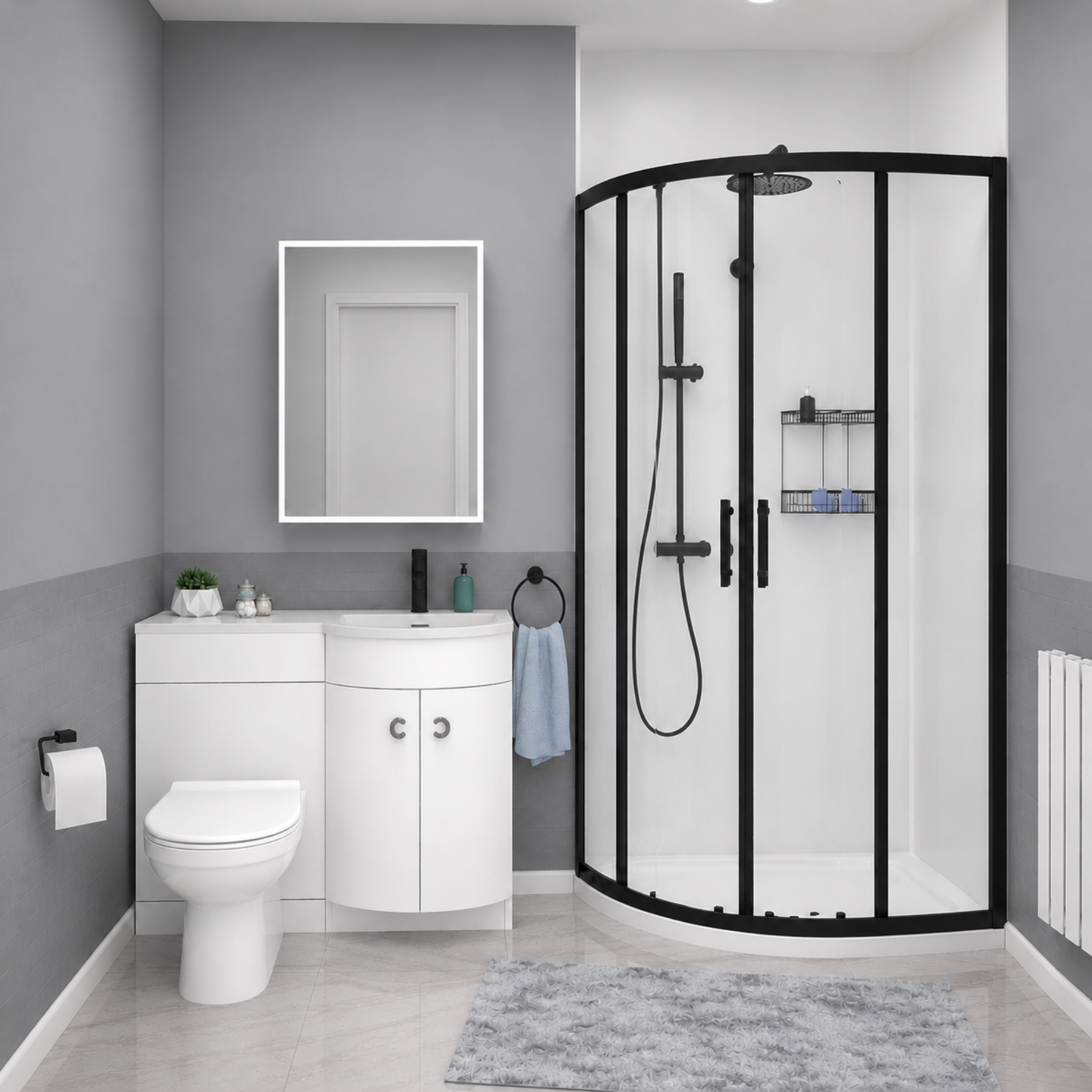 Dene Black Quadrant 900mm Shower Enclosure + RH Vanity Unit & BTW Toilet