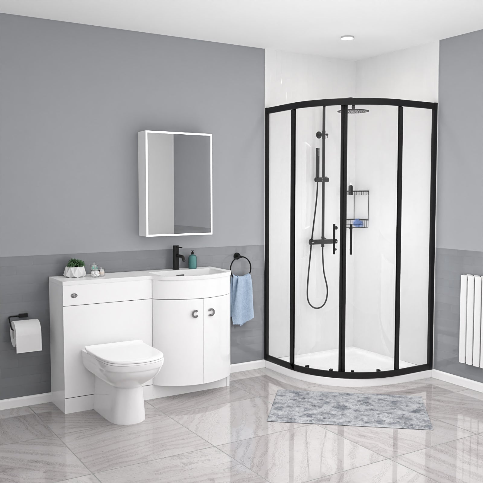 Dene Black Quadrant 900mm Shower Enclosure, RH Vanity Unit & BTW Toilet