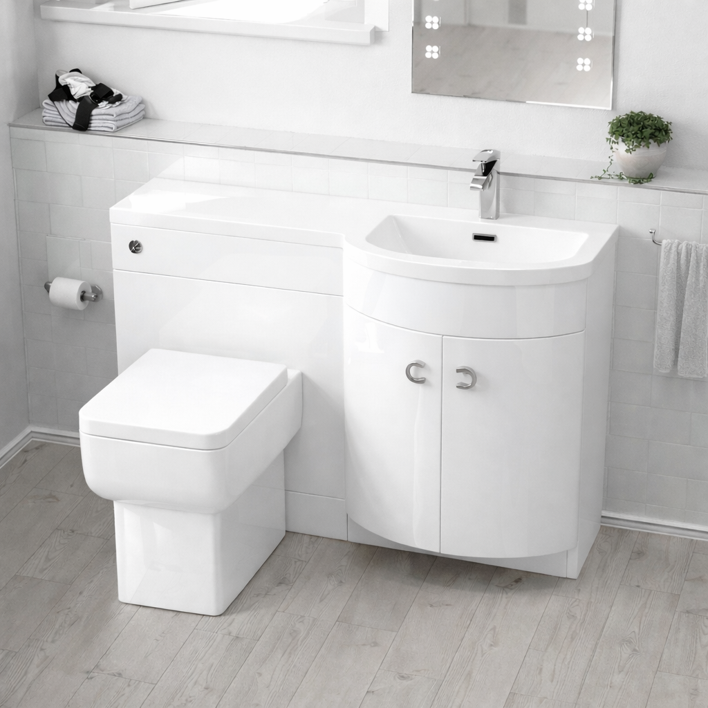 Dene 1100mm P Shaped RH White Vanity Basin Cabinet and Wc BTW Toilet Unit