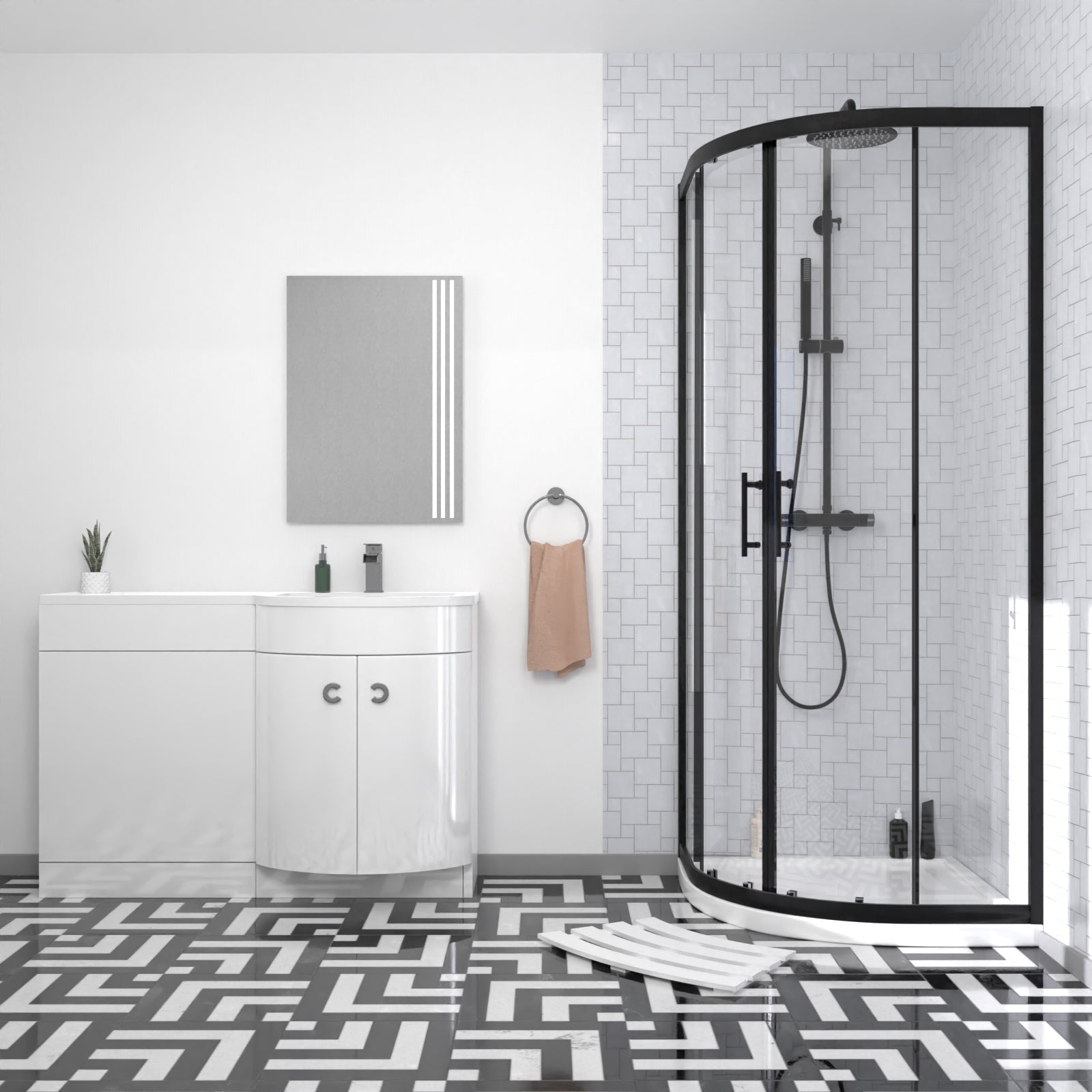 Dene Matte Black Quadrant 800mm Shower Enclosure + Right Hand Vanity Combination Unit