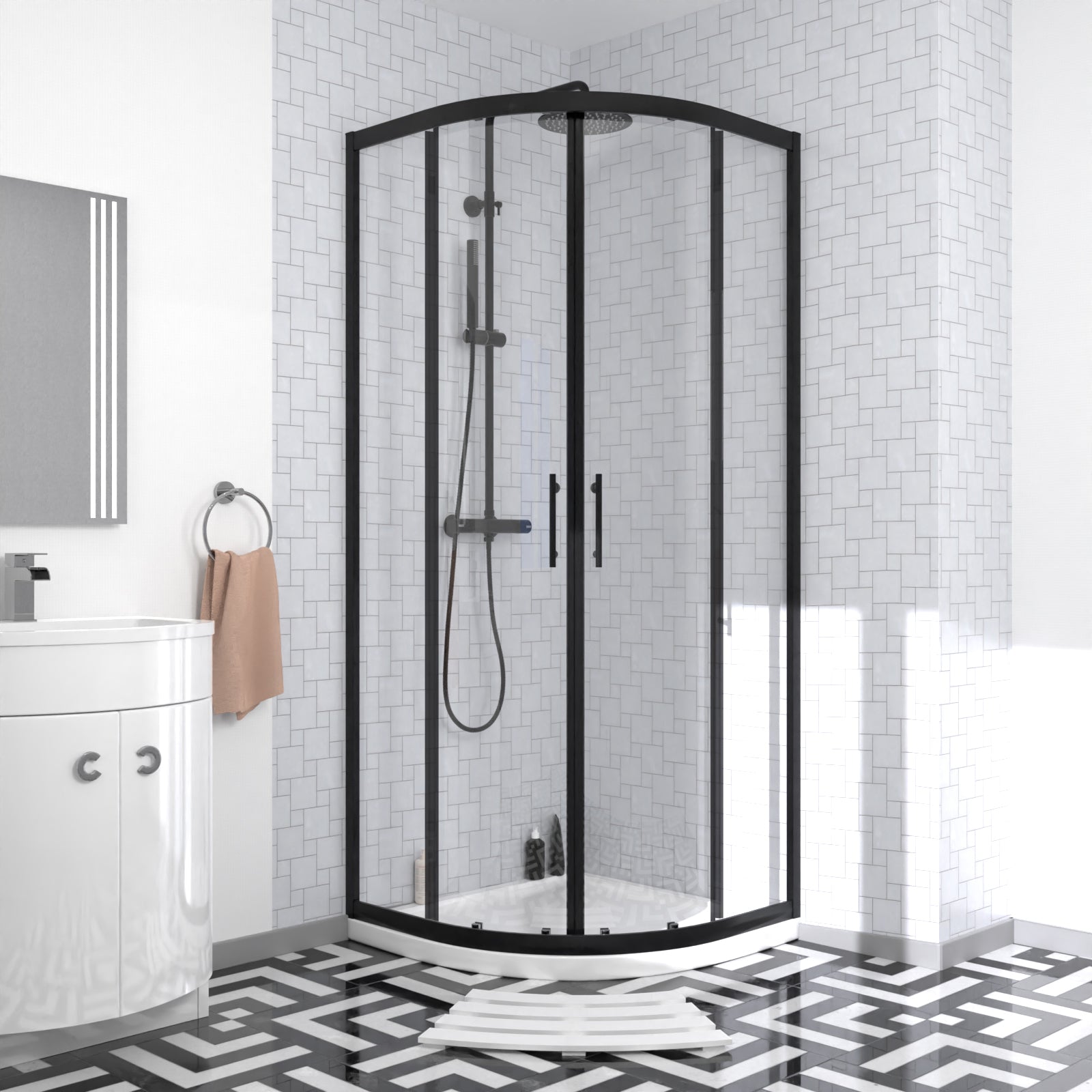 Dene Matte Black Quadrant 800mm Shower Enclosure + Right Hand Vanity Combination Unit