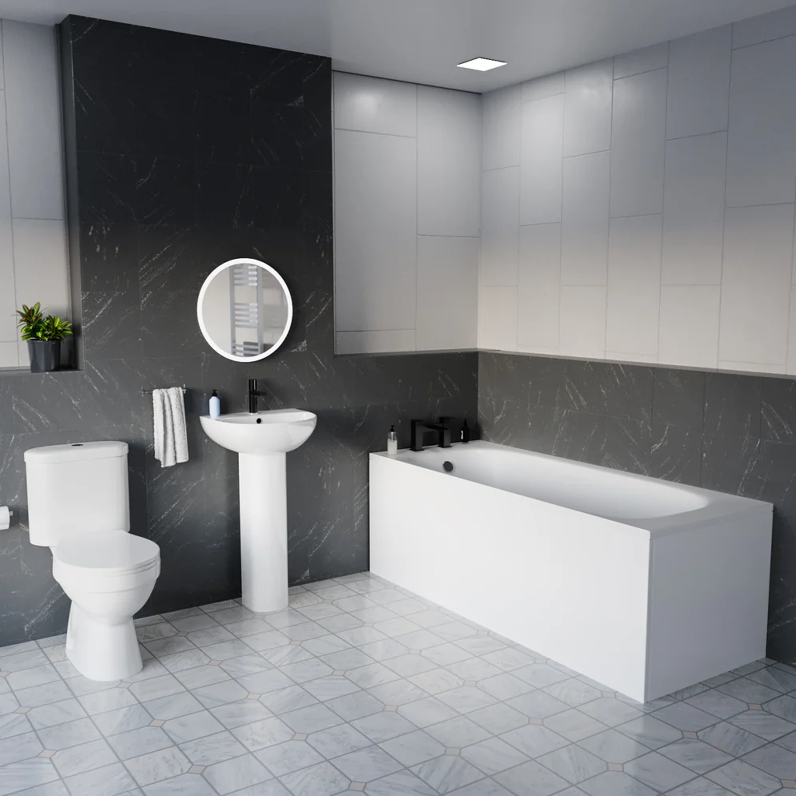 Graham White Close Coupled Toilet, 500mm Slim Edge Pedestal Basin & 1700mm Bath Set