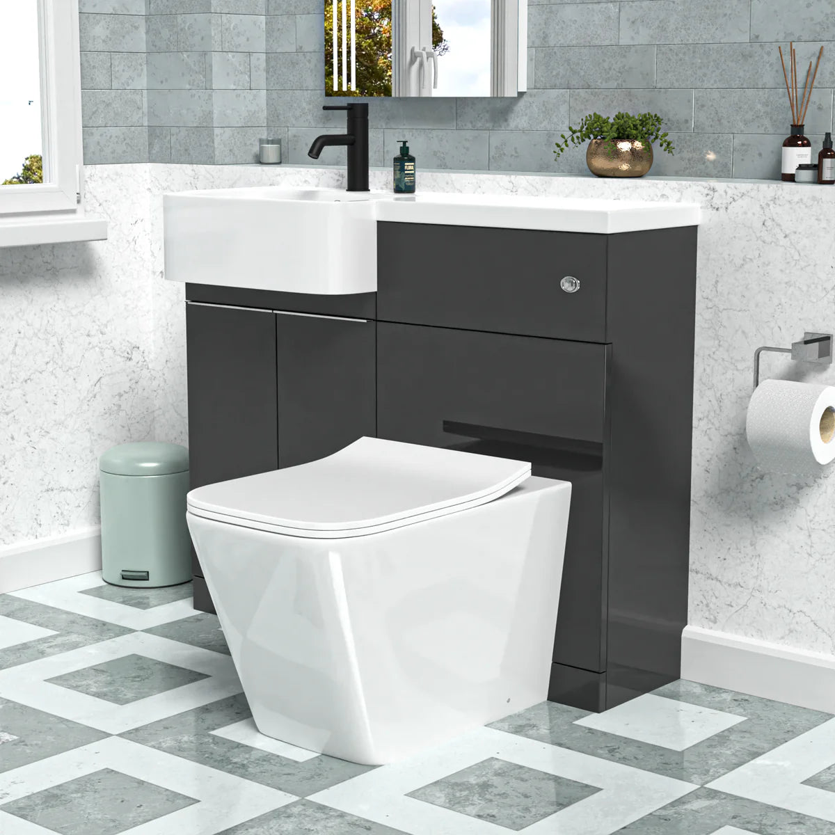 1000mm Left Hand Dark Grey Basin Vanity WC Unit Square BTW Toilet