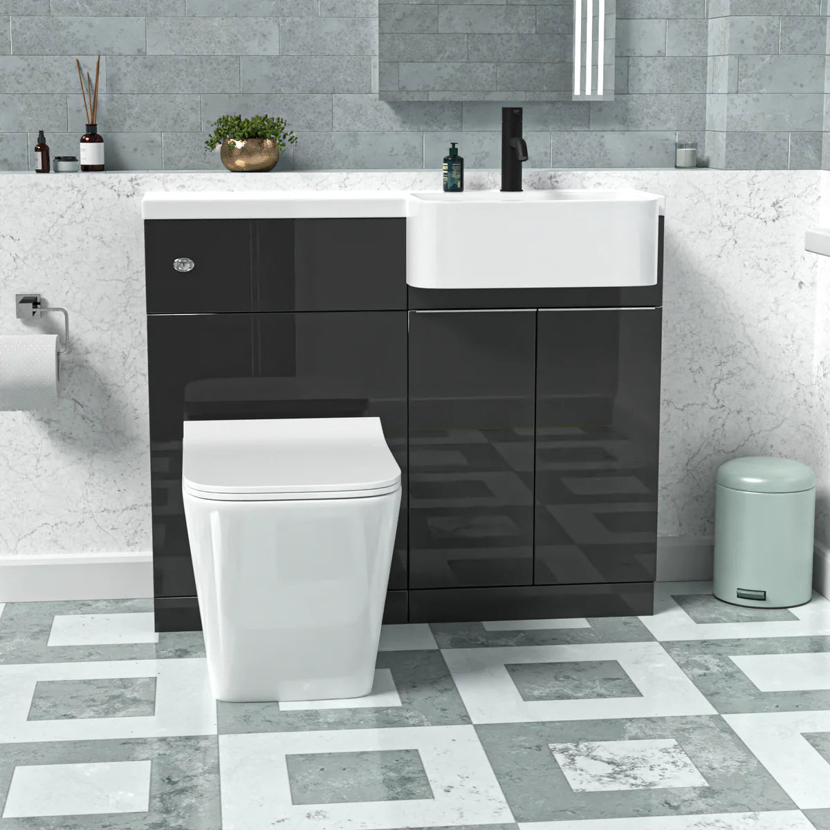 1000mm Right Hand Dark Grey Basin Vanity WC Unit Square BTW Toilet