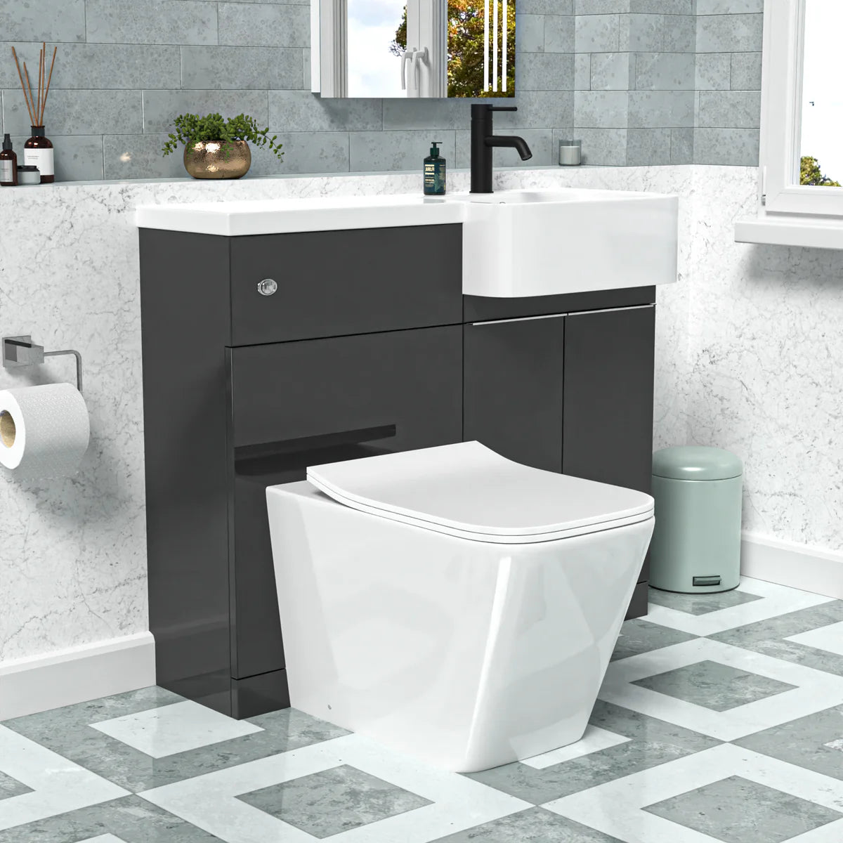 1000mm Right Hand Dark Grey Basin Vanity WC Unit Square BTW Toilet
