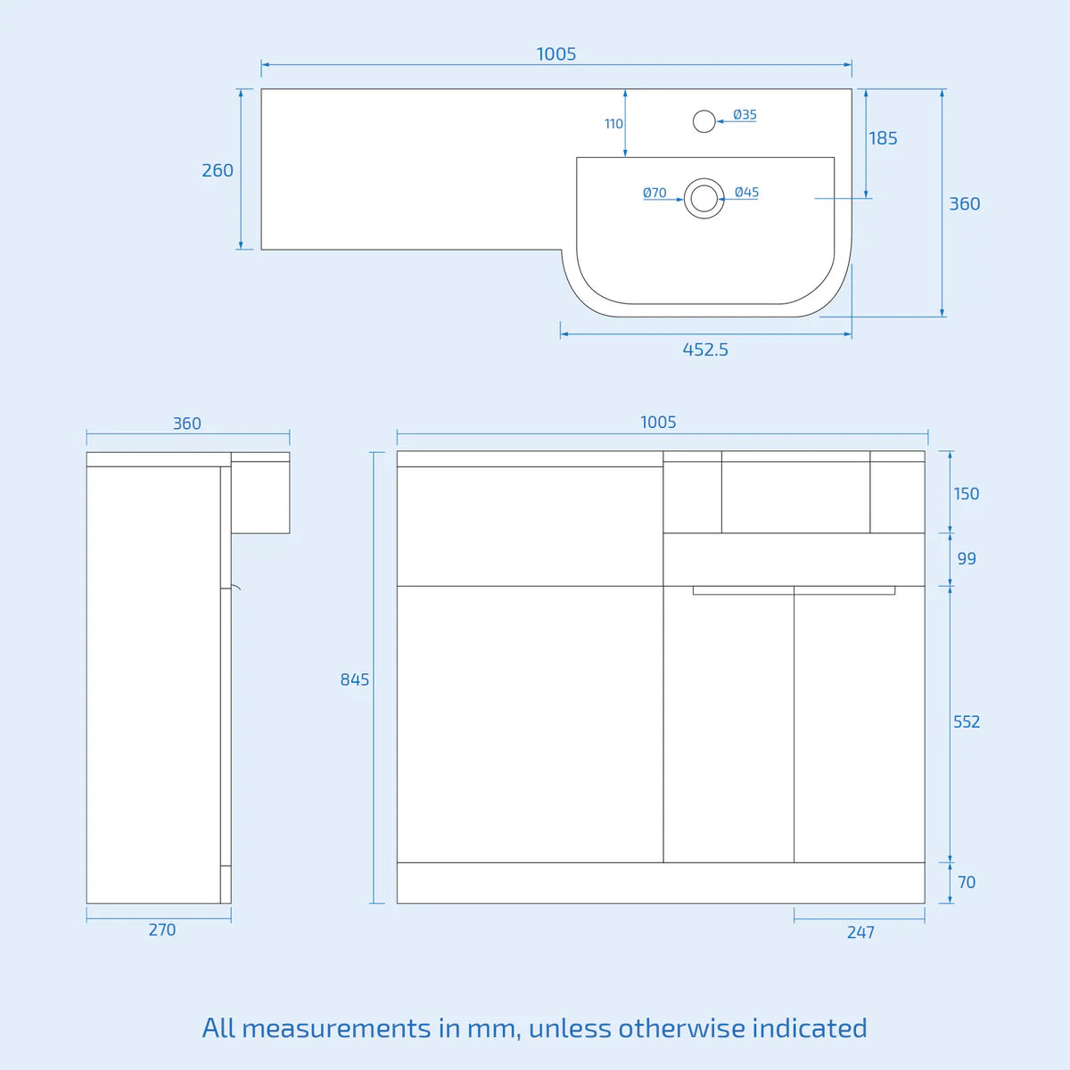 Bretford 1000mm Right Hand Freestanding White Basin Cabinet WC Unit Square Toilet