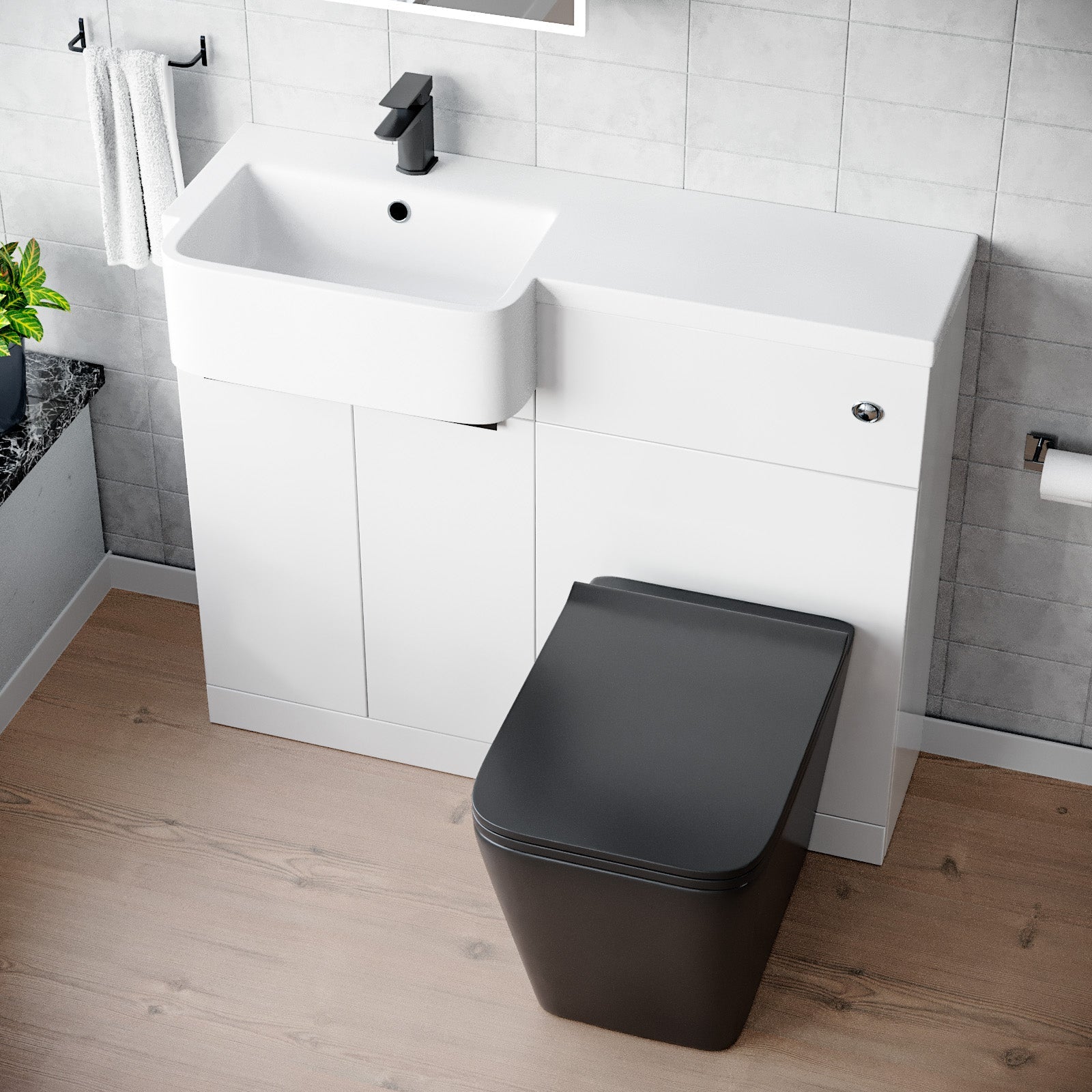 Bretford 1000mm LH Basin Vanity Black Handles, WC Unit & Square Black BTW Toilet