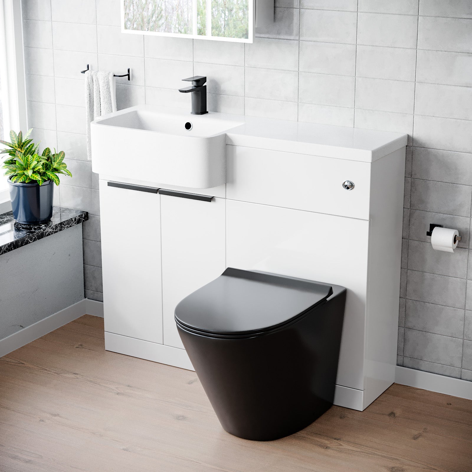 Bretford 1000mm LH Basin Vanity Black Handles, WC Unit & Square Black BTW Toilet