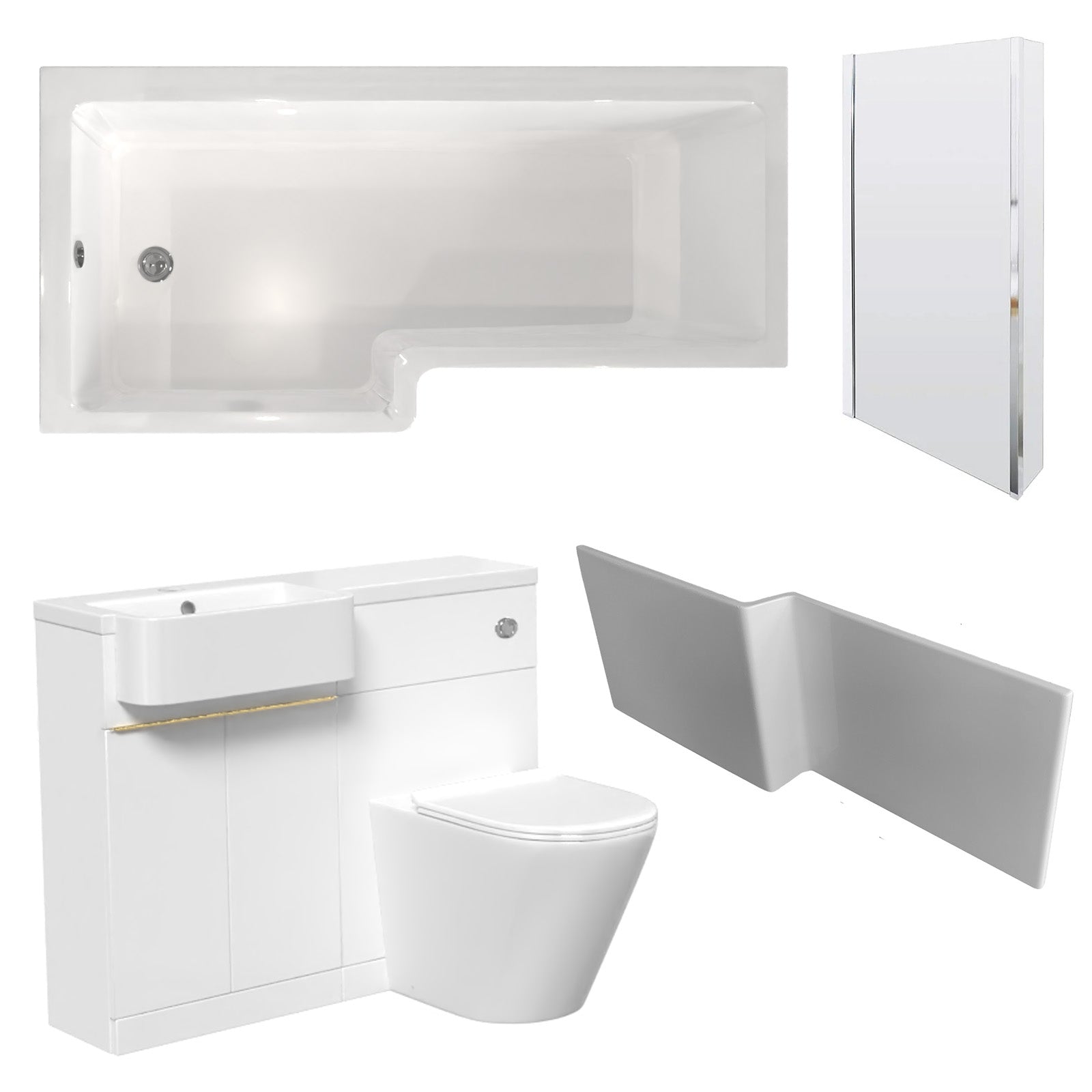 Bretford White L-Shaped LH 1700mm Shower Bath With Screen, Basin Vanity Unit With Brass Handle & Round BTW Toilet Suite