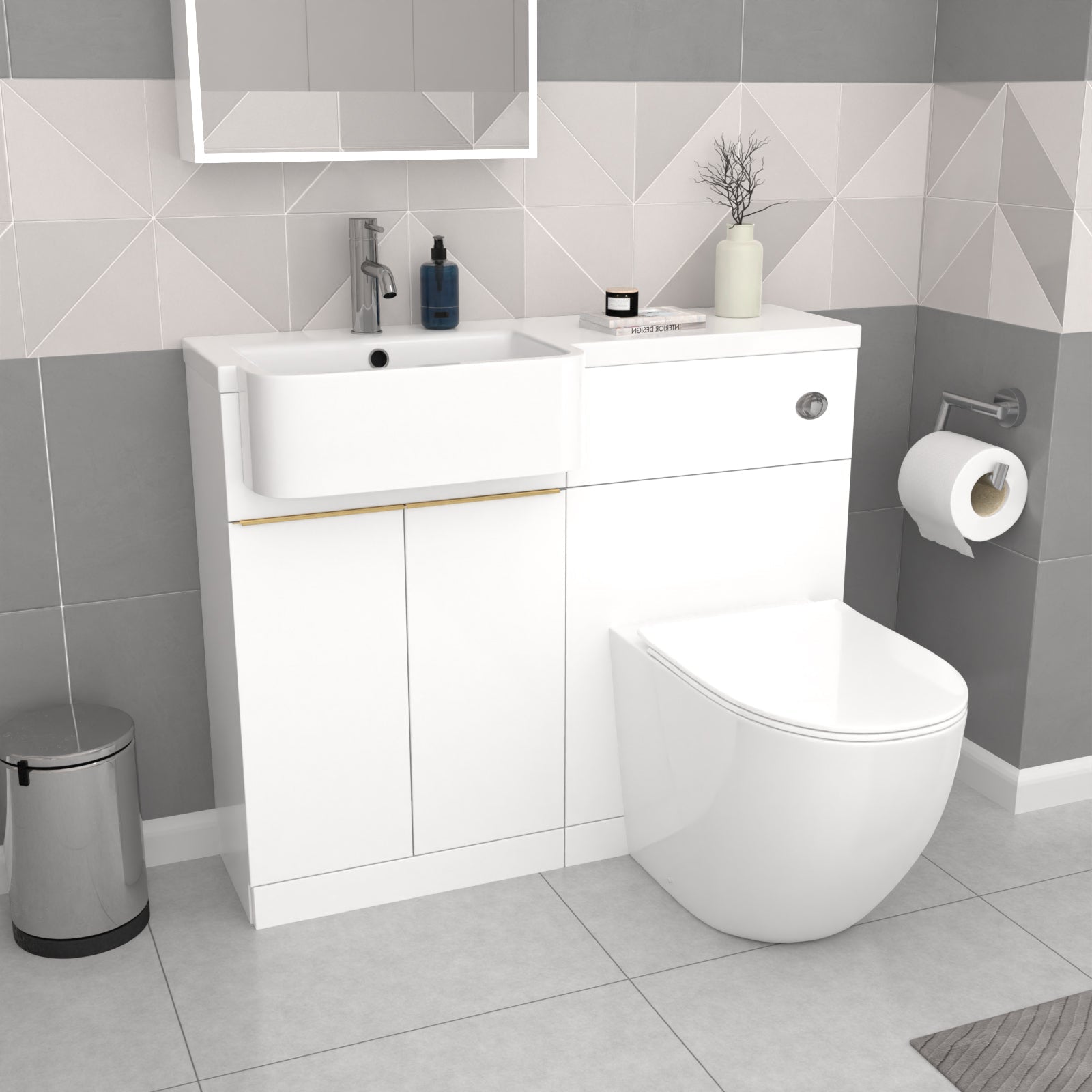 Bretford White L-Shaped LH 1700mm Shower Bath With Screen, Basin Vanity Unit With Brass Handle & BTW Toilet Suite