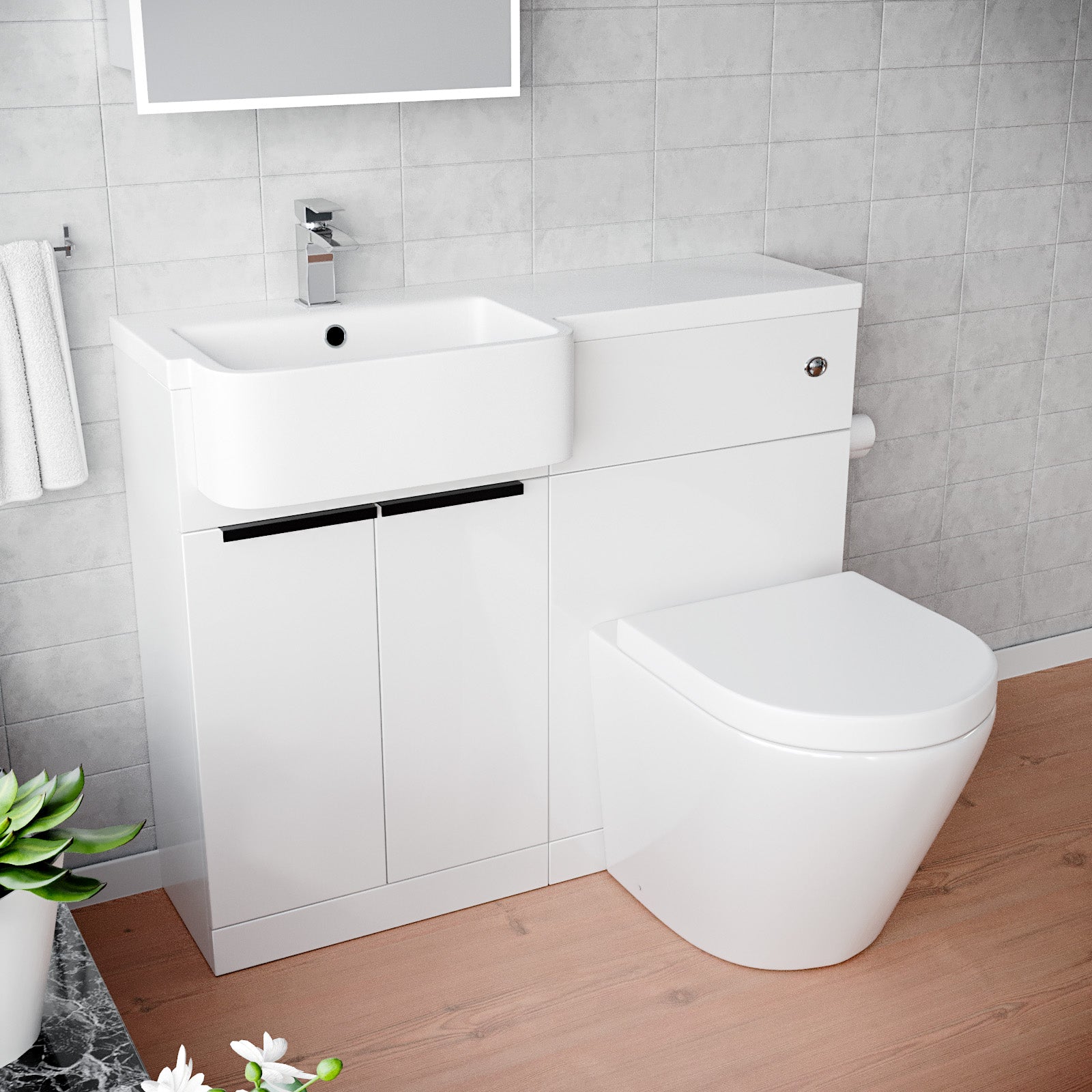 Bretford Basin Vanity Unit, With Black Handle, WC Unit & Rimless Toilet