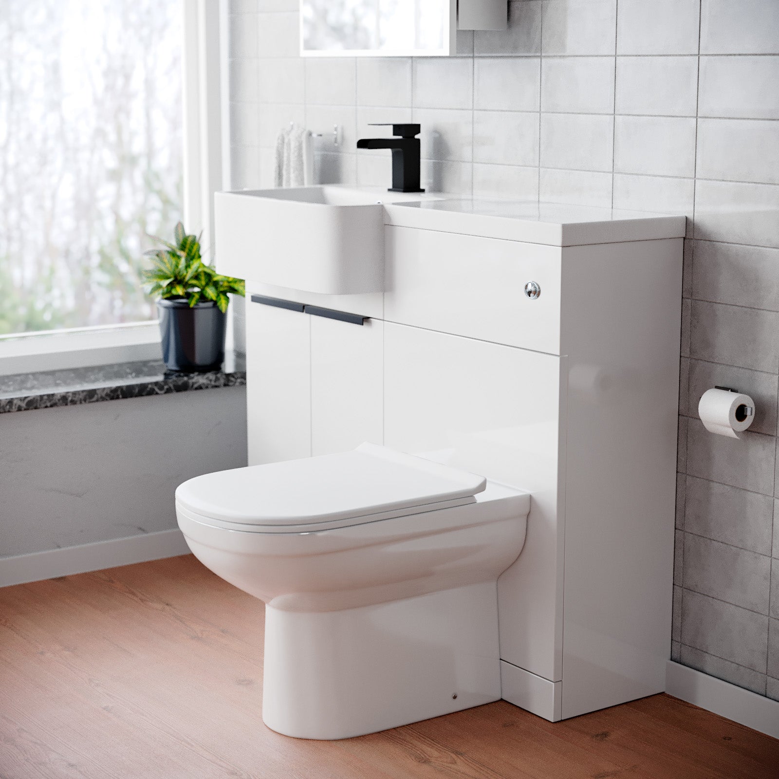 Bretford Black Handle Basin Vanity Unit With Tap, WC Unit & Toilet