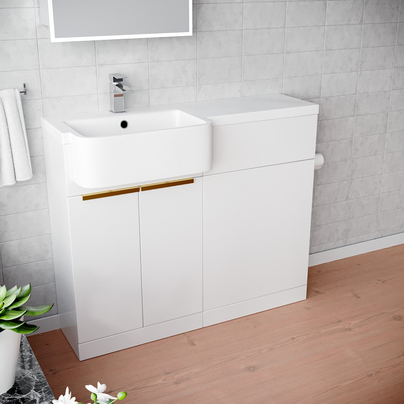 Bretford Freestanding Basin Vanity Unit With Brushed Brass Handle & WC Unit