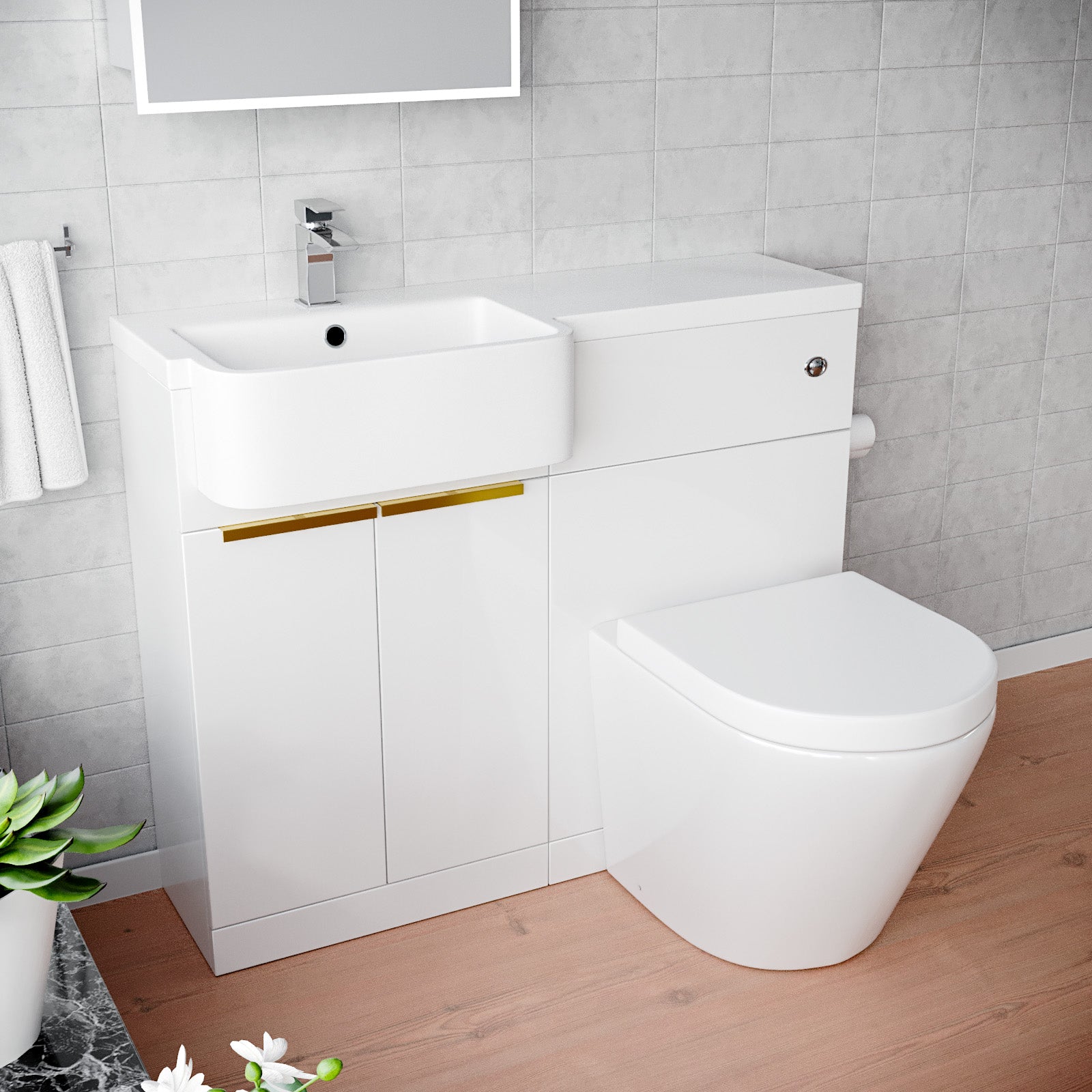 Bretford Basin Vanity Unit, Brushed Brass Handle, WC Unit & Rimless Toilet
