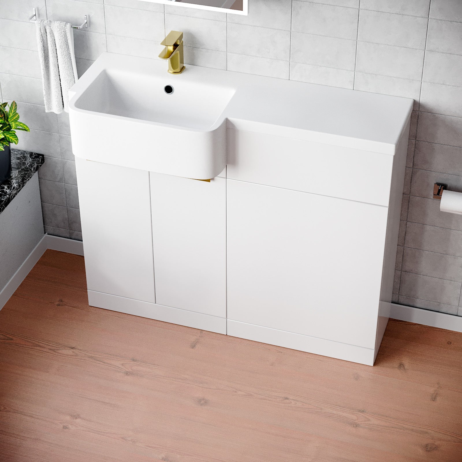 Bretford Brushed Brass Handle Basin Vanity Unit With Tap & WC Unit