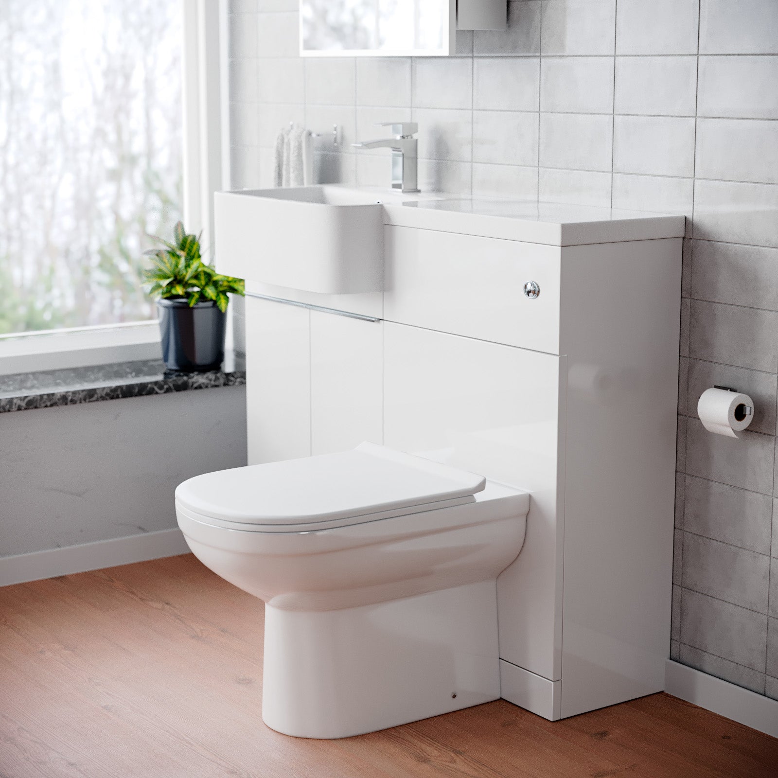 Bretford 1000mm White Cabinet with Basin, WC Unit & Toilet & Chrome Handle