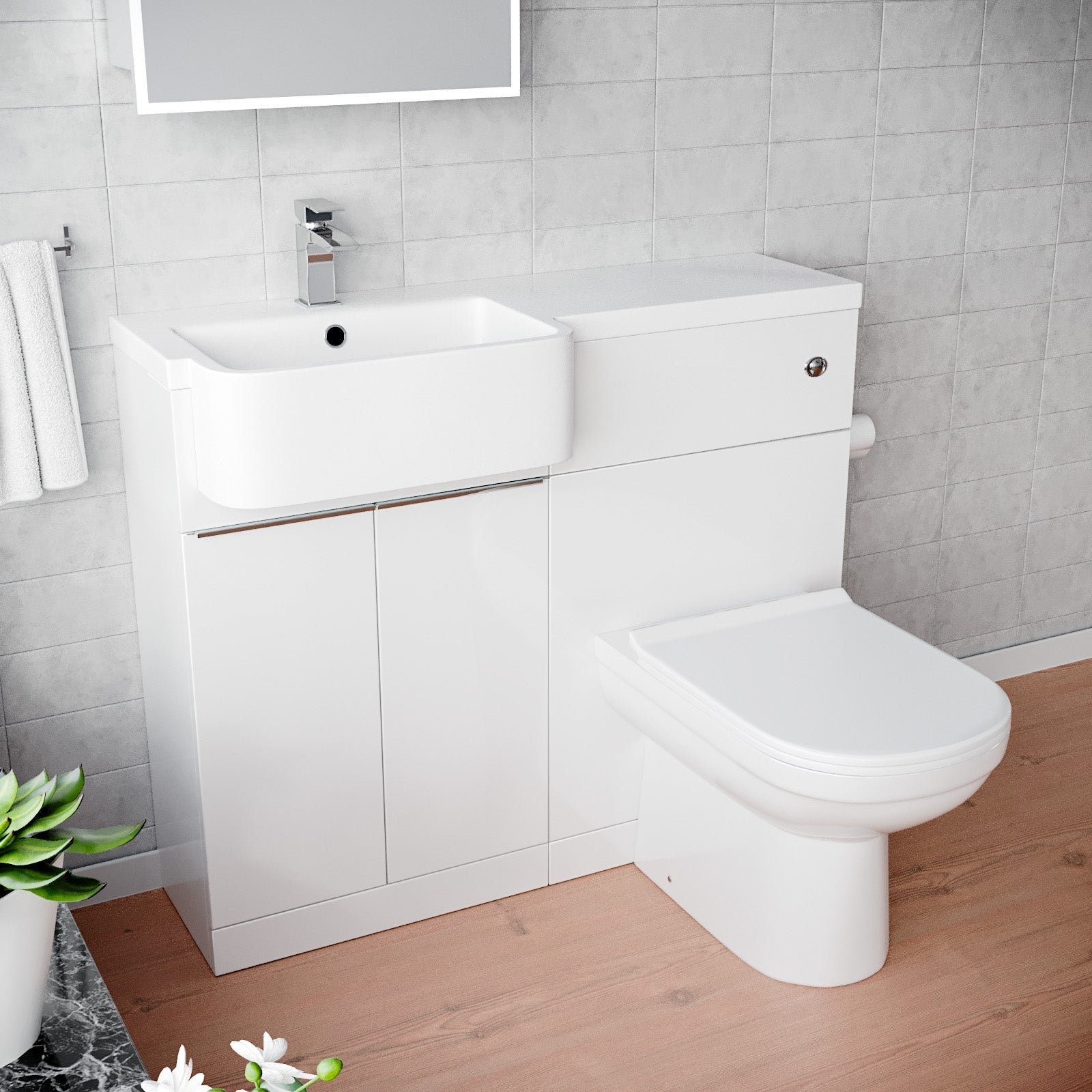 Bretford 1000mm White Cabinet with Basin, WC Unit & Toilet & Chrome Handle