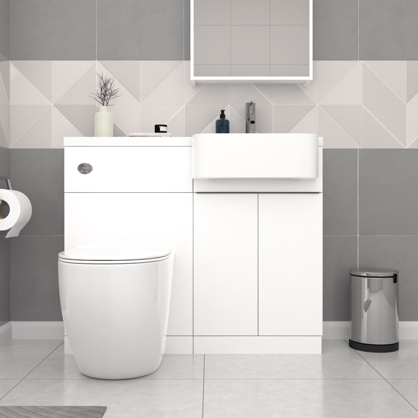 Bretford 1005mm White RH Basin Cabinet WC Unit L-Shaped Bath BTW Toilet & Panel Screen