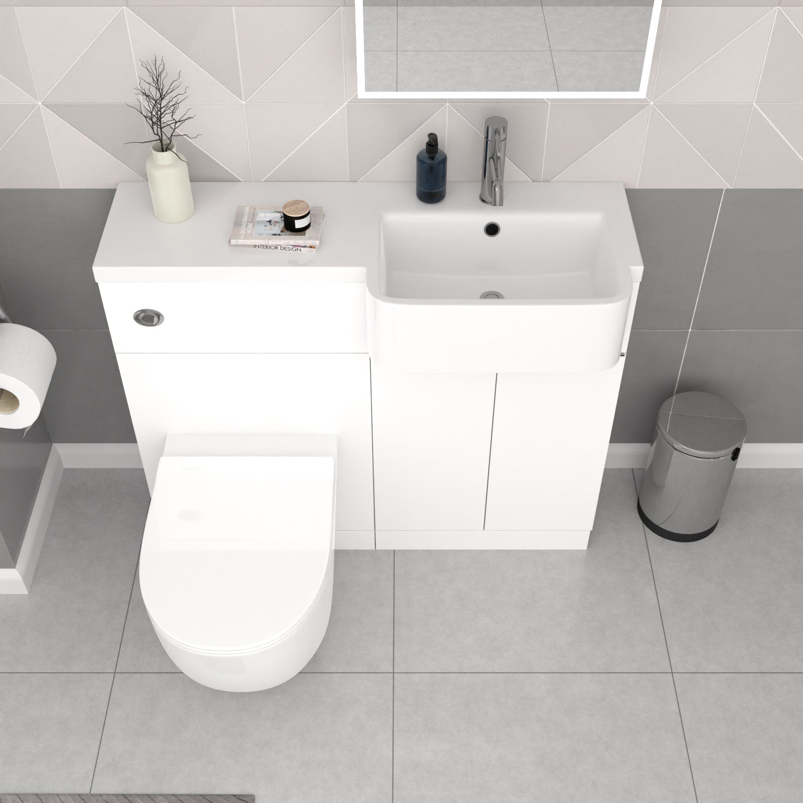 Bretford 1005mm White RH Basin Cabinet WC Unit L-Shaped Bath BTW Toilet & Panel Screen