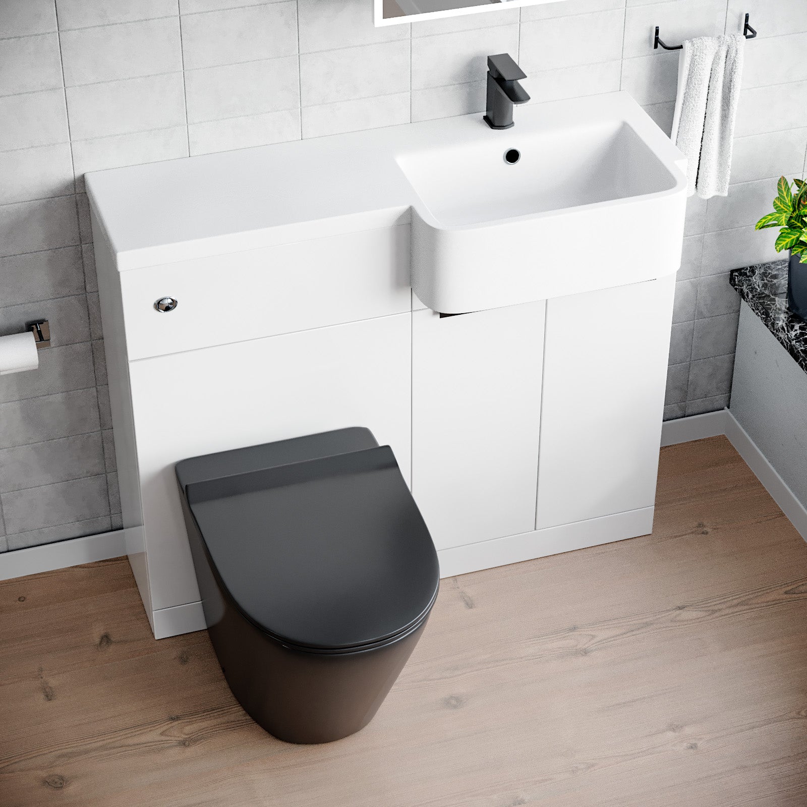 Bretford 1000mm RH Basin Vanity Black Handles, WC Unit & Square Black BTW Toilet