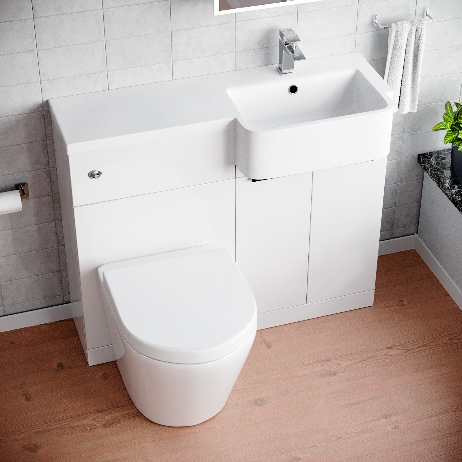 Bretford Basin Vanity Unit, With Black Handle, WC Unit & Rimless Toilet