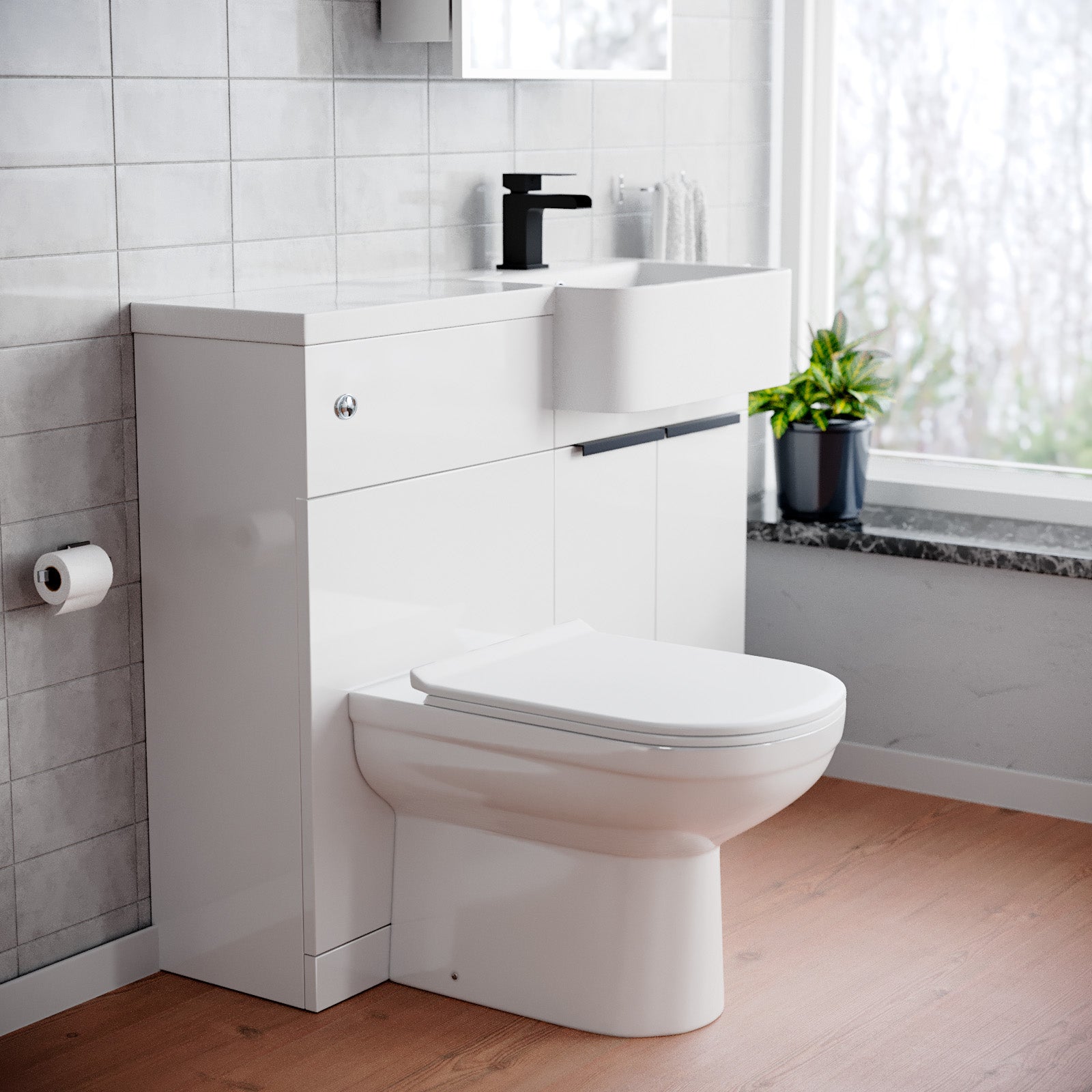 Bretford Black Handle Basin Vanity Unit With Tap, WC Unit & Toilet