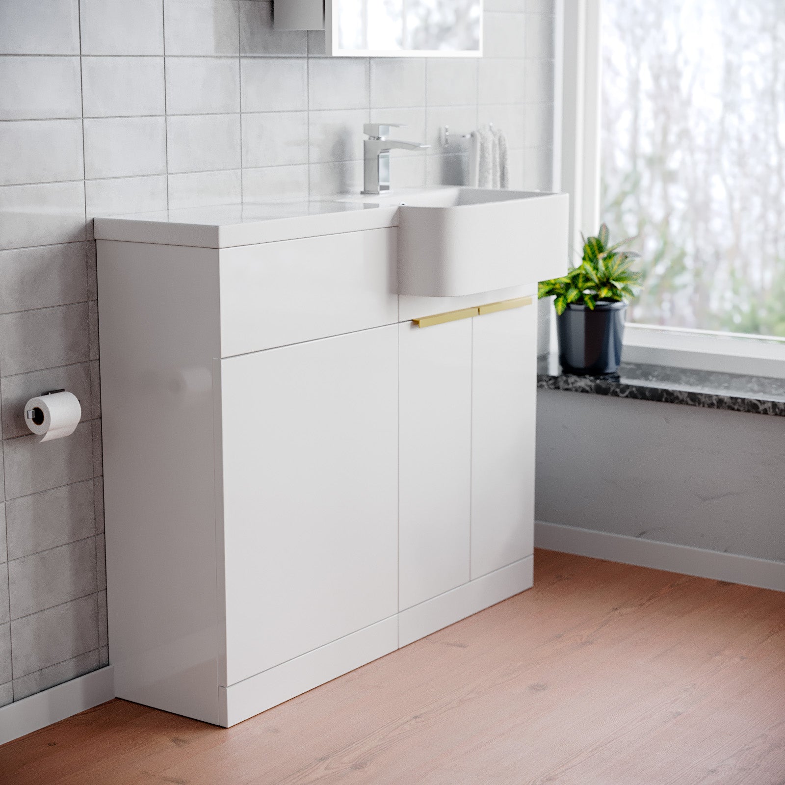 Bretford Freestanding Basin Vanity Unit With Brushed Brass Handle & WC Unit