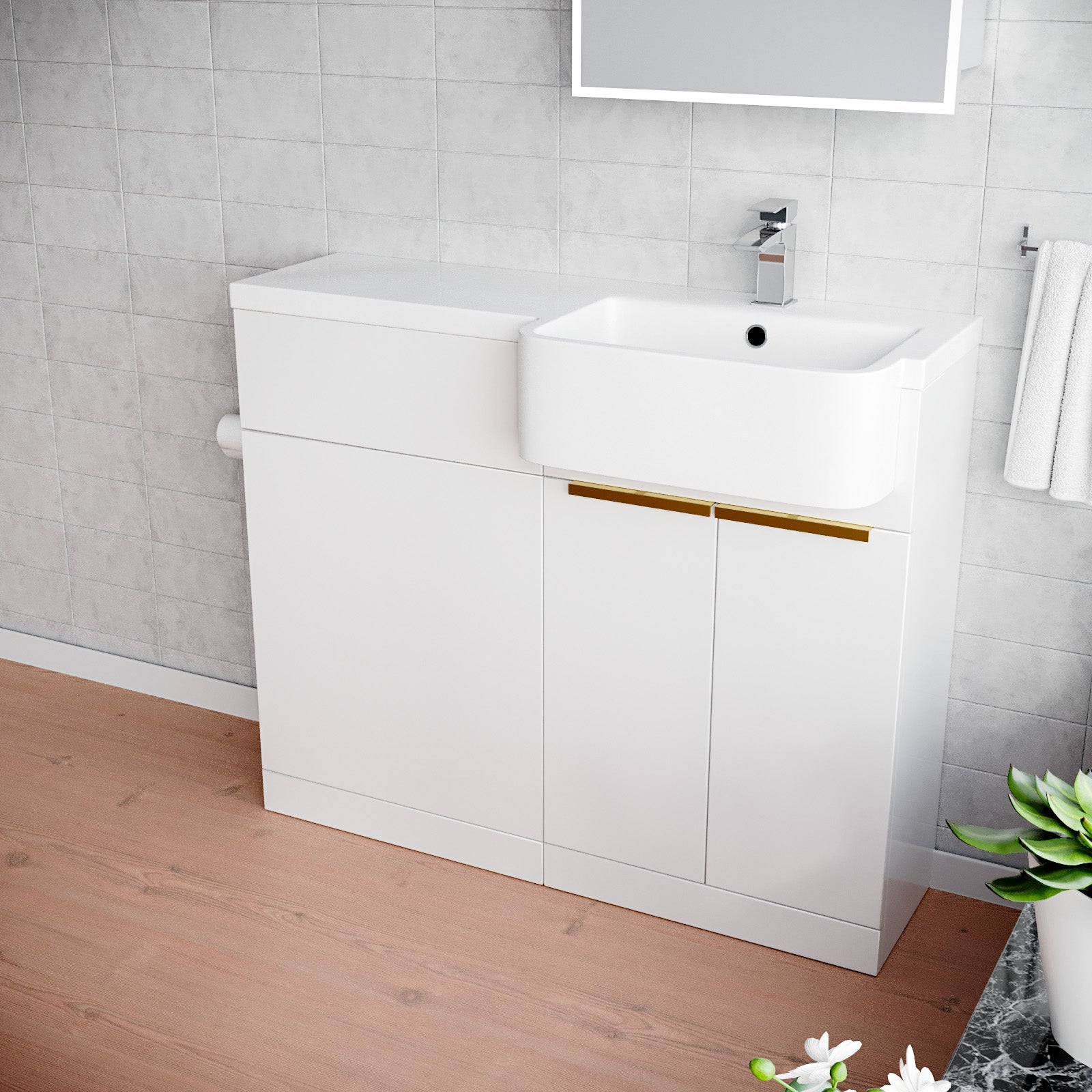 Bretford Freestanding Basin Vanity Unit With Brushed Brass Handle & WC Unit