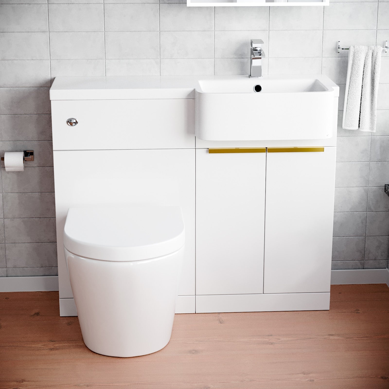 Bretford Basin Vanity Unit, Brushed Brass Handle, WC Unit & Rimless Toilet