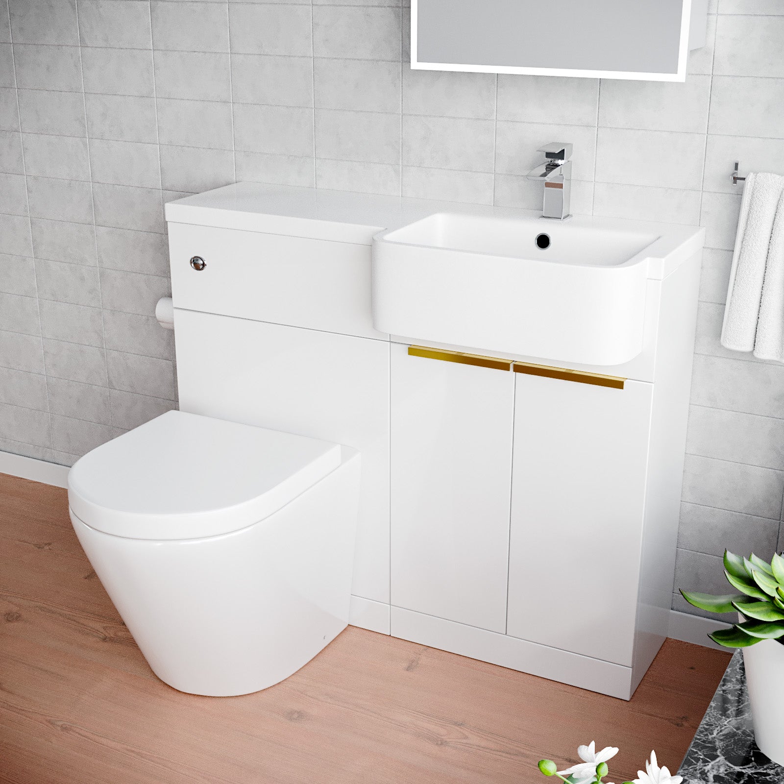 Bretford Basin Vanity Unit, Brushed Brass Handle, WC Unit & Rimless Toilet