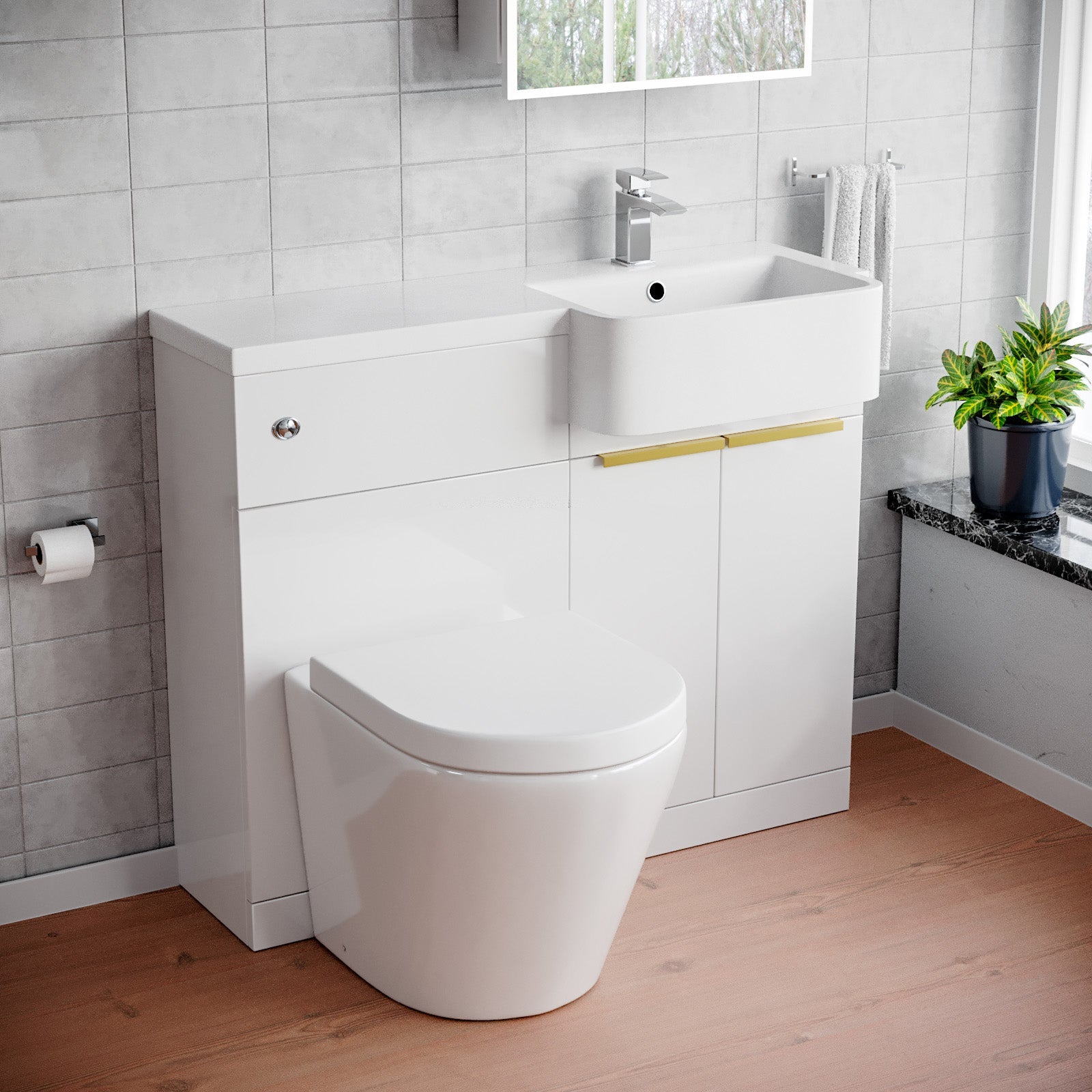 Bretford Basin Vanity Unit, Brushed Brass Handle, WC Unit & Rimless Toilet