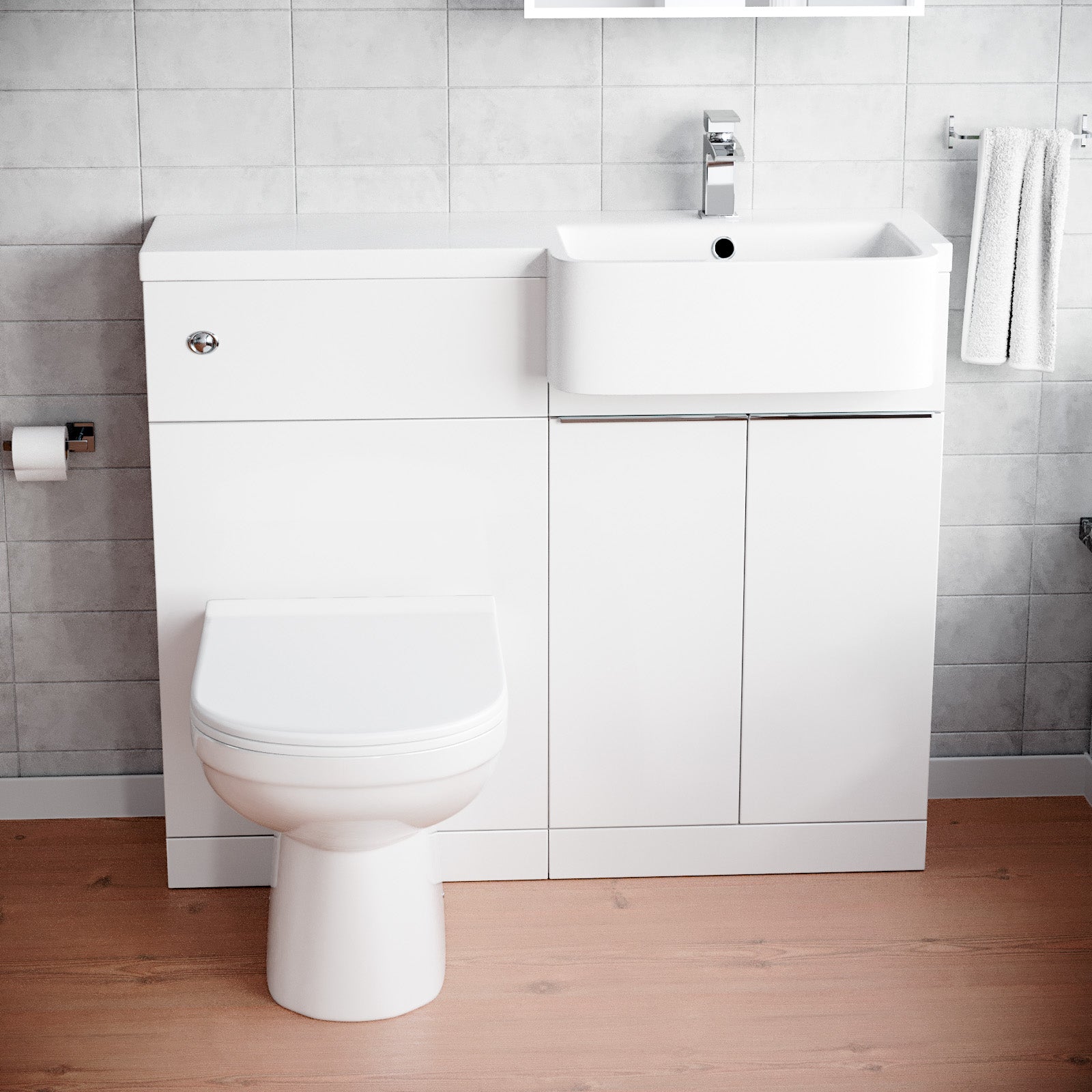 Bretford 1000mm White Cabinet with Basin, WC Unit & Toilet & Chrome Handle