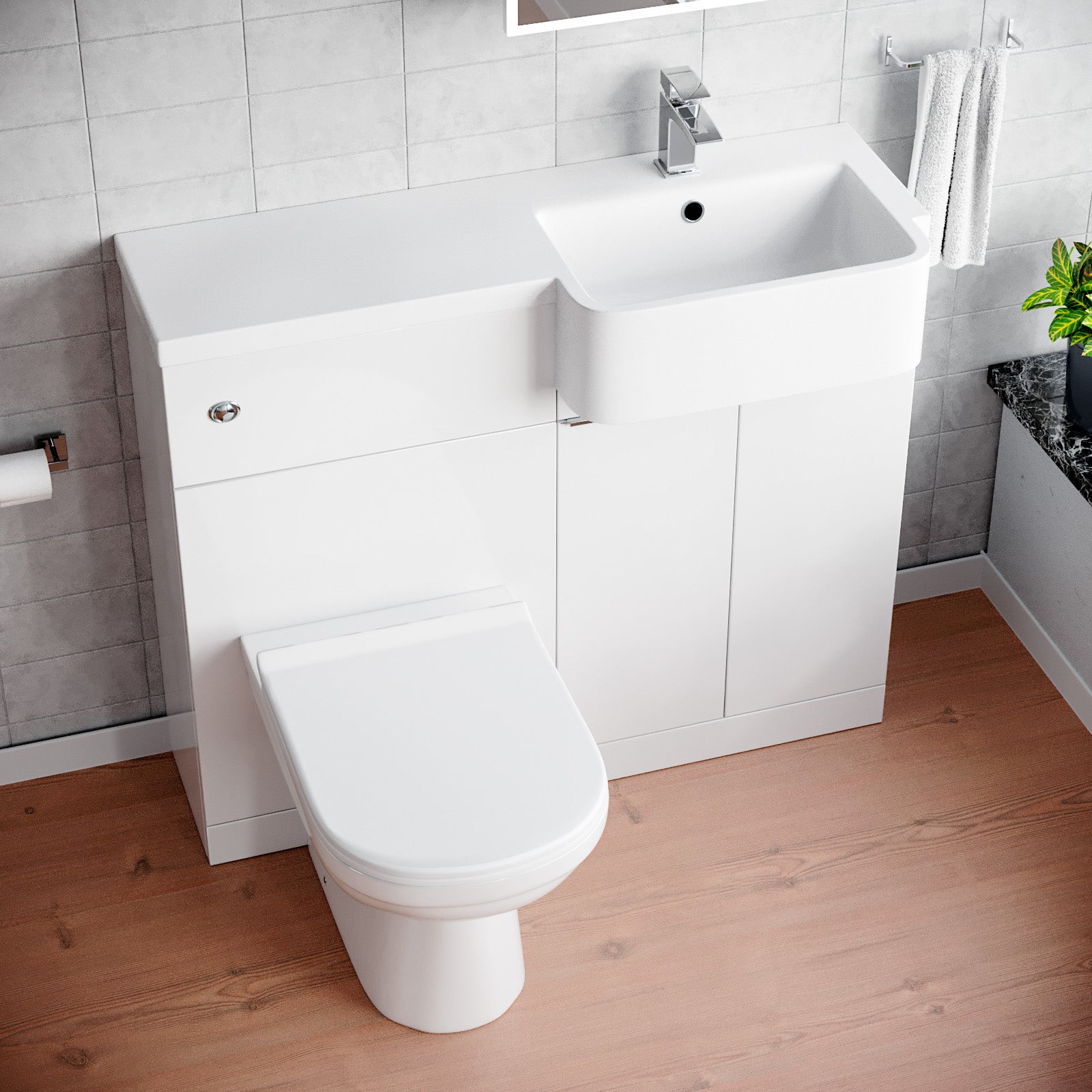 Bretford 1000mm White Cabinet with Basin, WC Unit & Toilet & Chrome Handle
