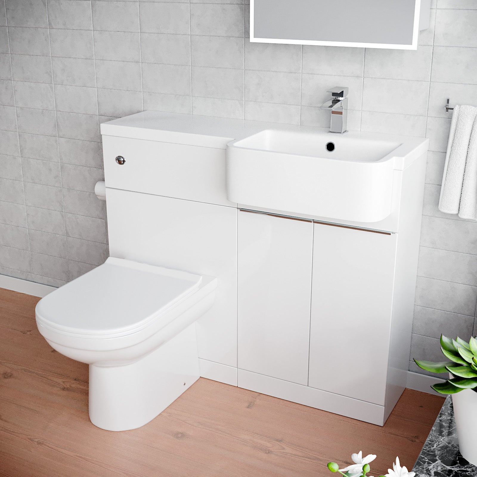 Bretford 1000mm White Cabinet with Basin, WC Unit & Toilet & Chrome Handle